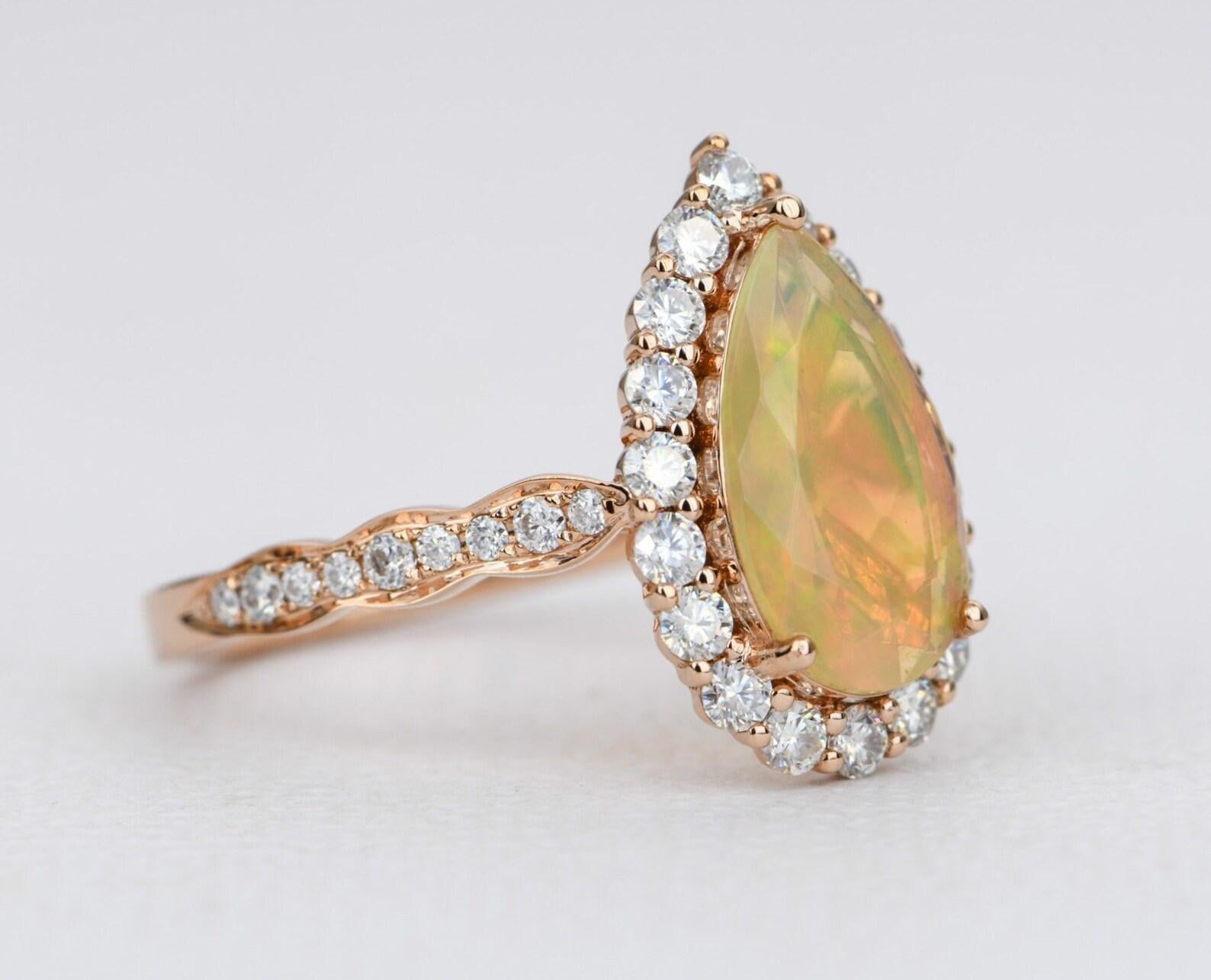 Women's Ethiopian Opal Moissanite Halo Engagement Ring 14K Rose Gold Half Eternity For Sale