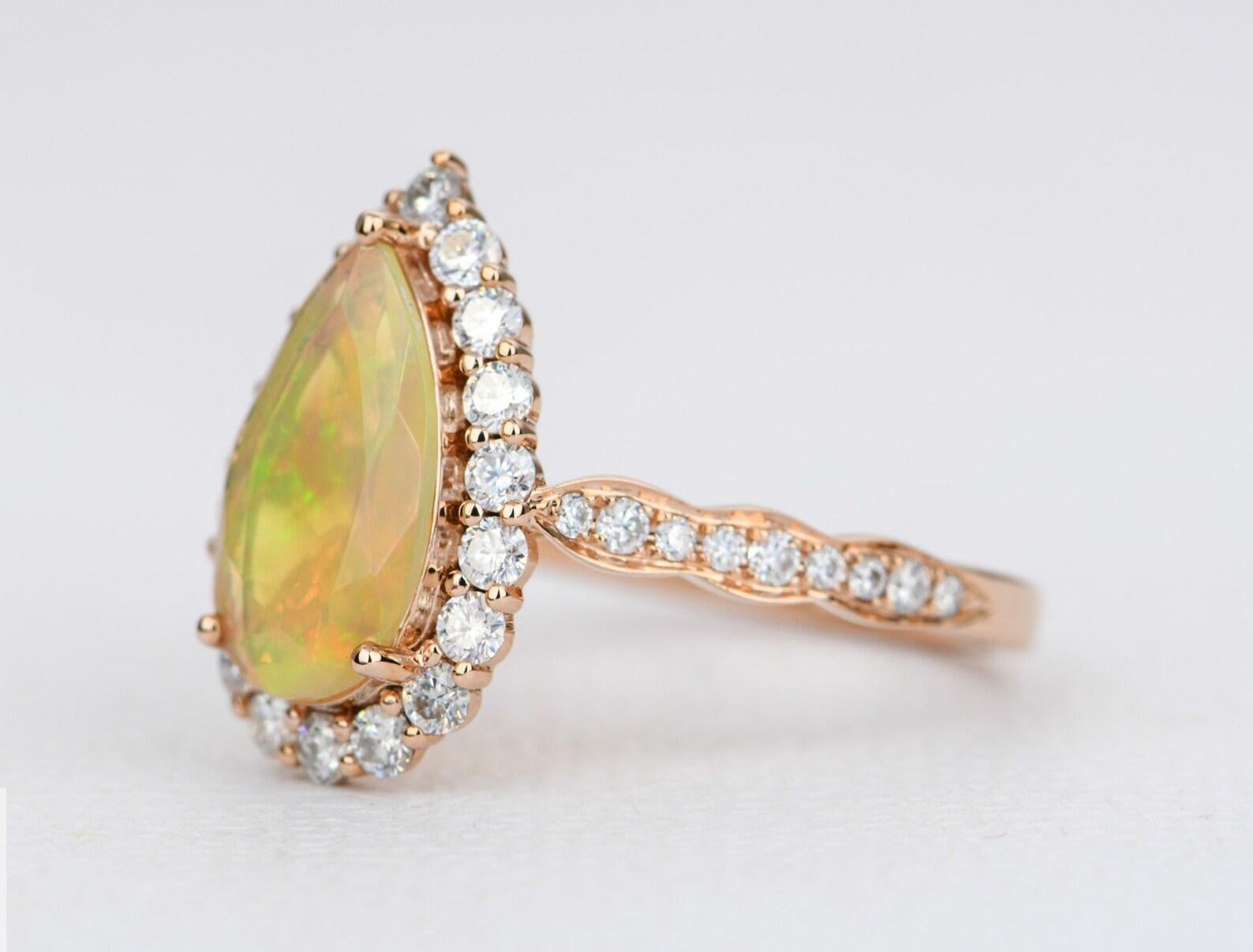 Ethiopian Opal Moissanite Halo Engagement Ring 14K Rose Gold Half Eternity For Sale 1