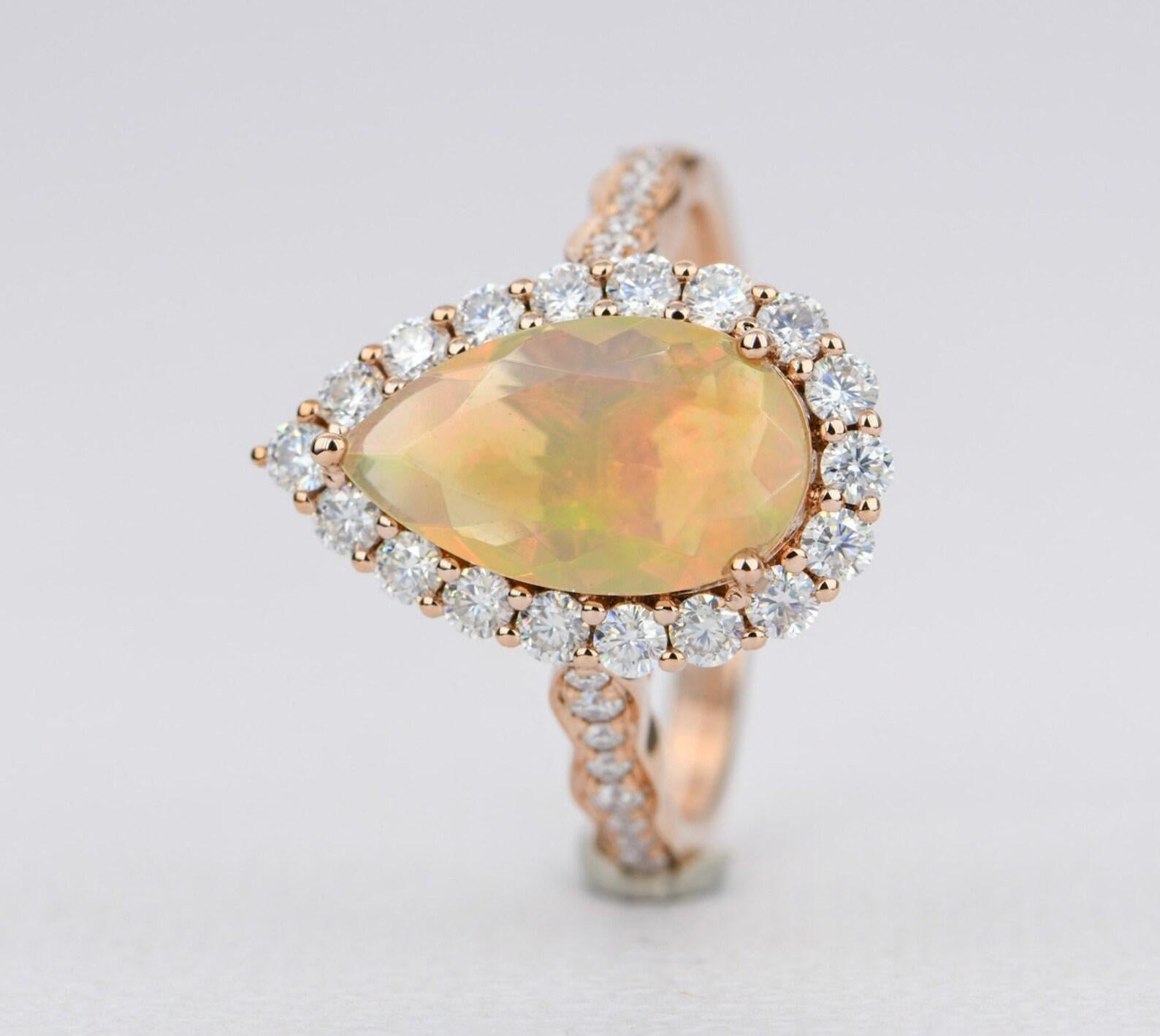 Ethiopian Opal Moissanite Halo Engagement Ring 14K Rose Gold Half Eternity For Sale 2