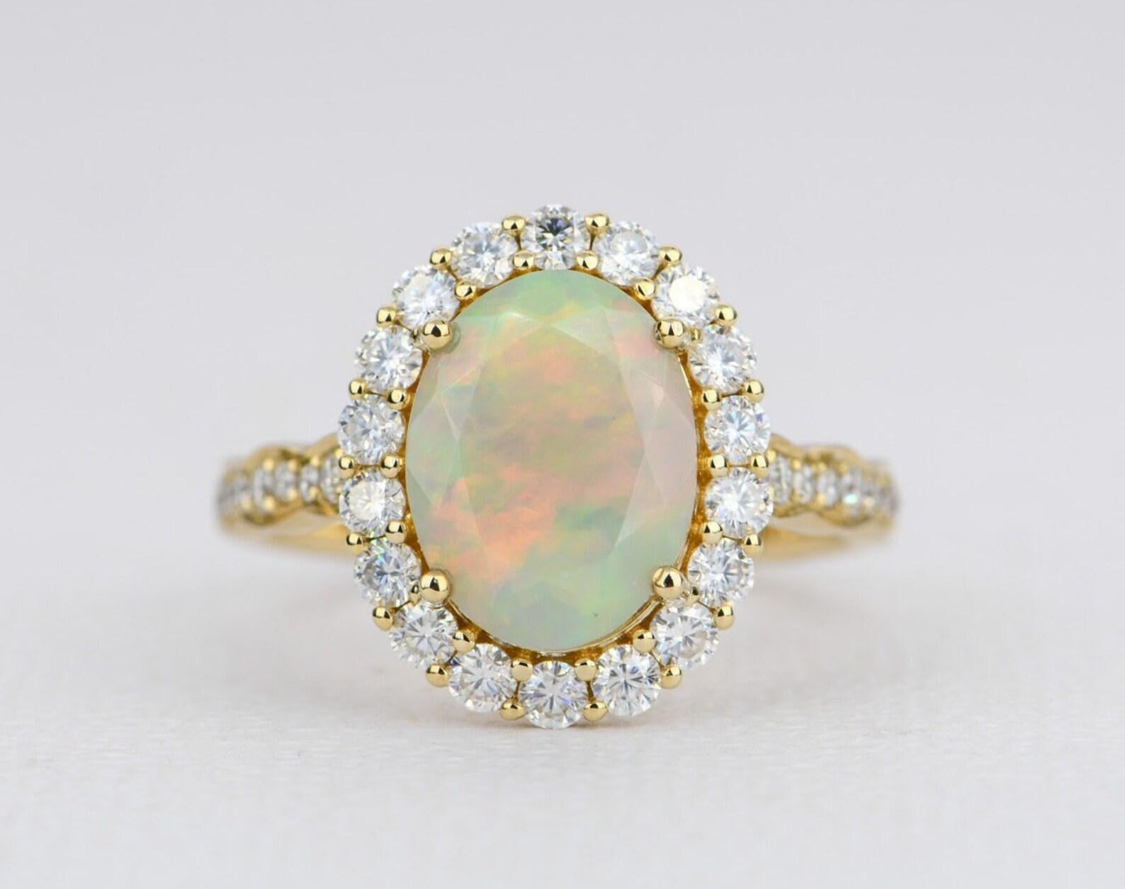Oval Cut Ethiopian Opal Moissanite Halo Engagement Ring 14K Yellow Gold AD1849-3
