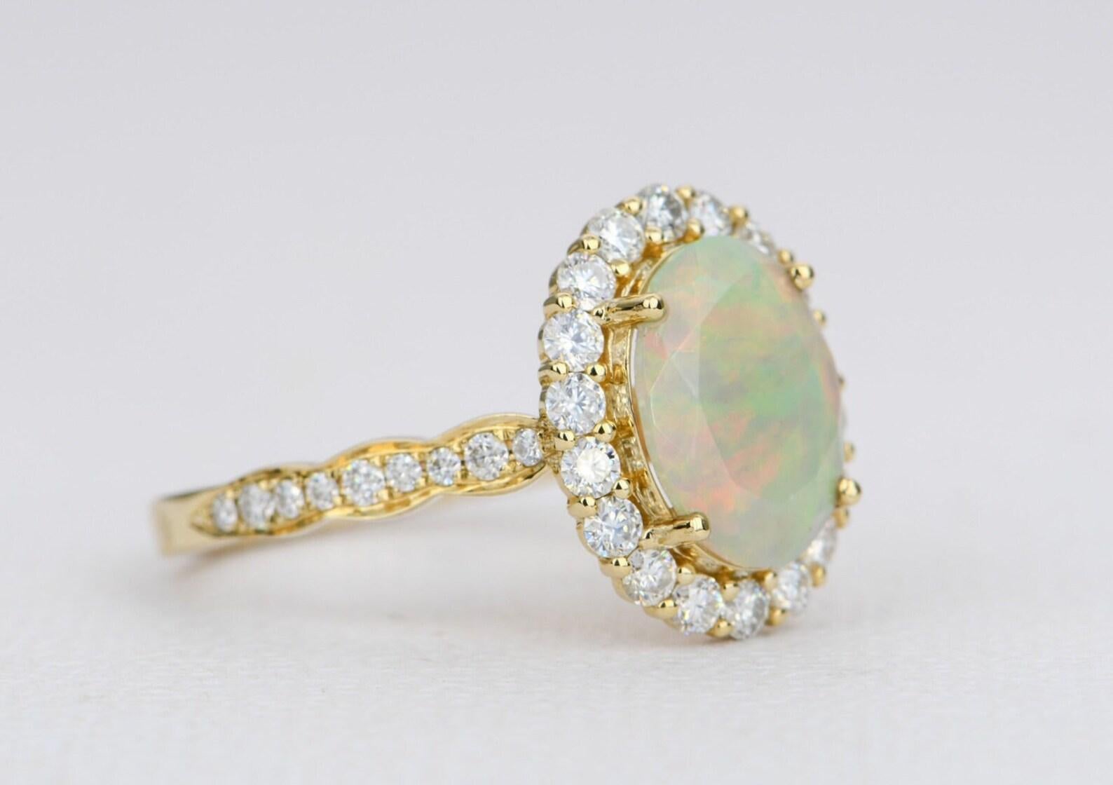 Ethiopian Opal Moissanite Halo Engagement Ring 14K Yellow Gold AD1849-3 In New Condition In Osprey, FL