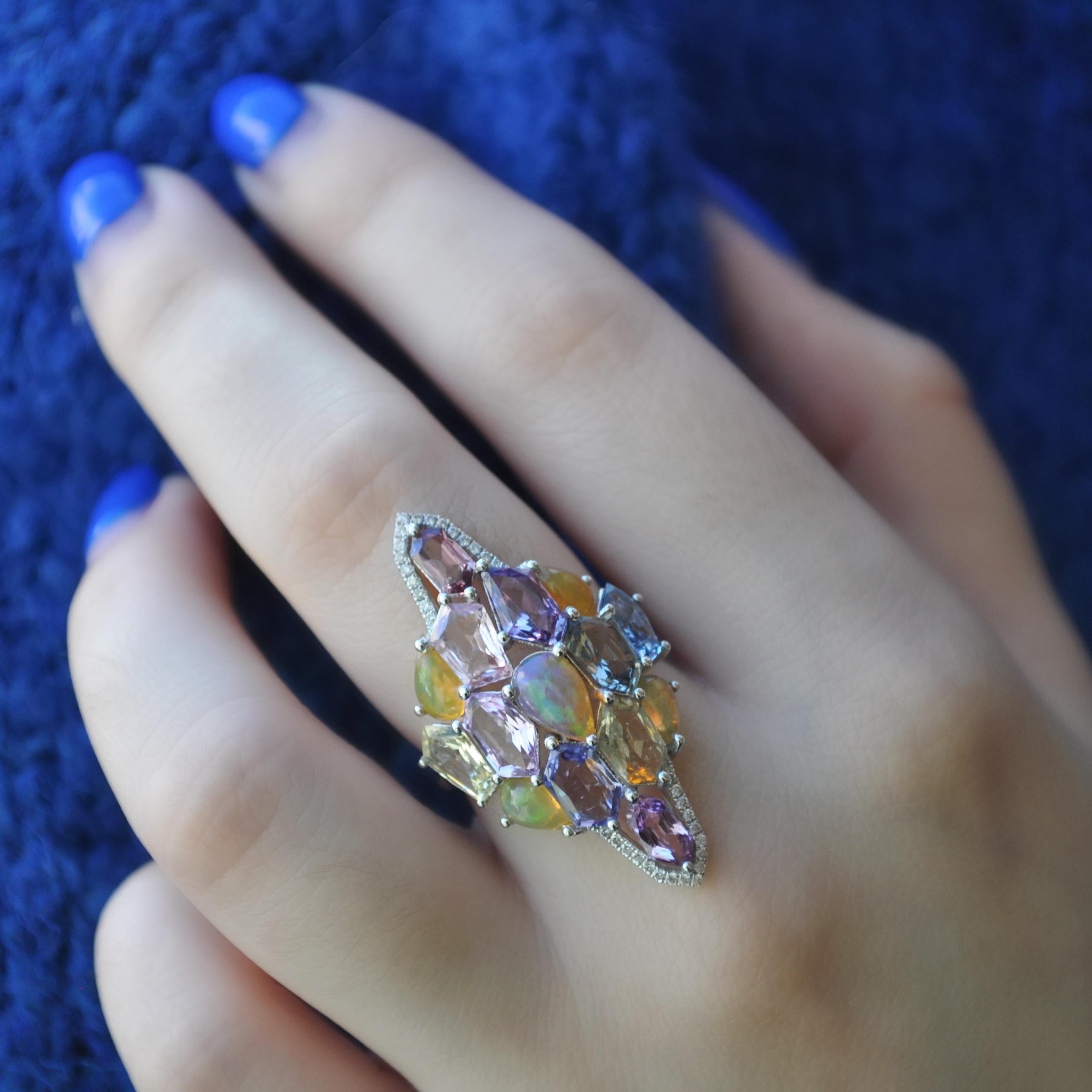 Contemporary RUCHI Ethiopian Opal, Multi-Colored Sapphire & Diamond Cocktail White Gold Ring For Sale