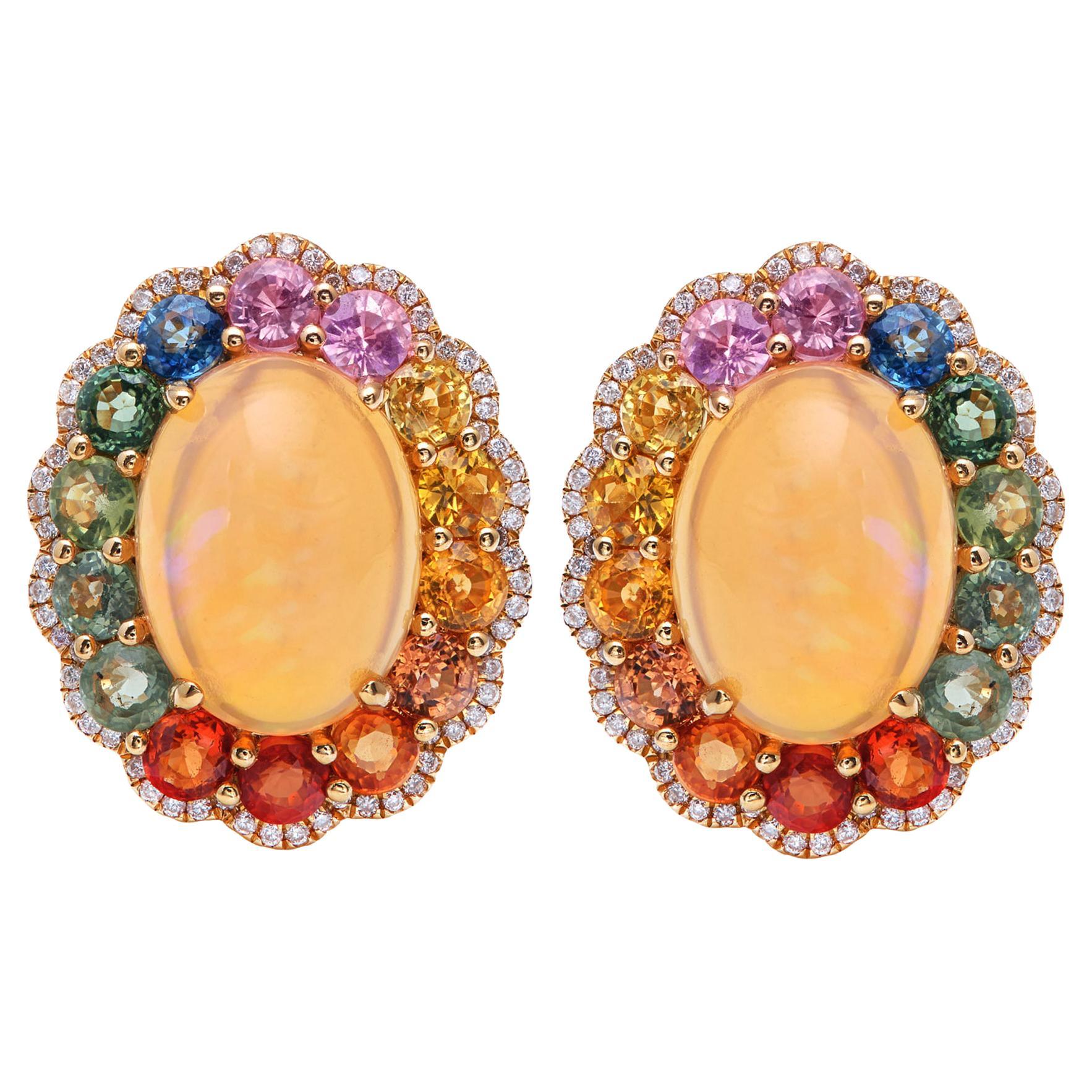RUCHI Ethiopian Opal, Multi-Colored Sapphires and Diamonds Yellow Gold Studs For Sale