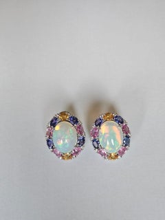 Ethiopian Opal, Multi Sapphire, Tanzanite & Diamonds Stud Earrings in 18K Gold