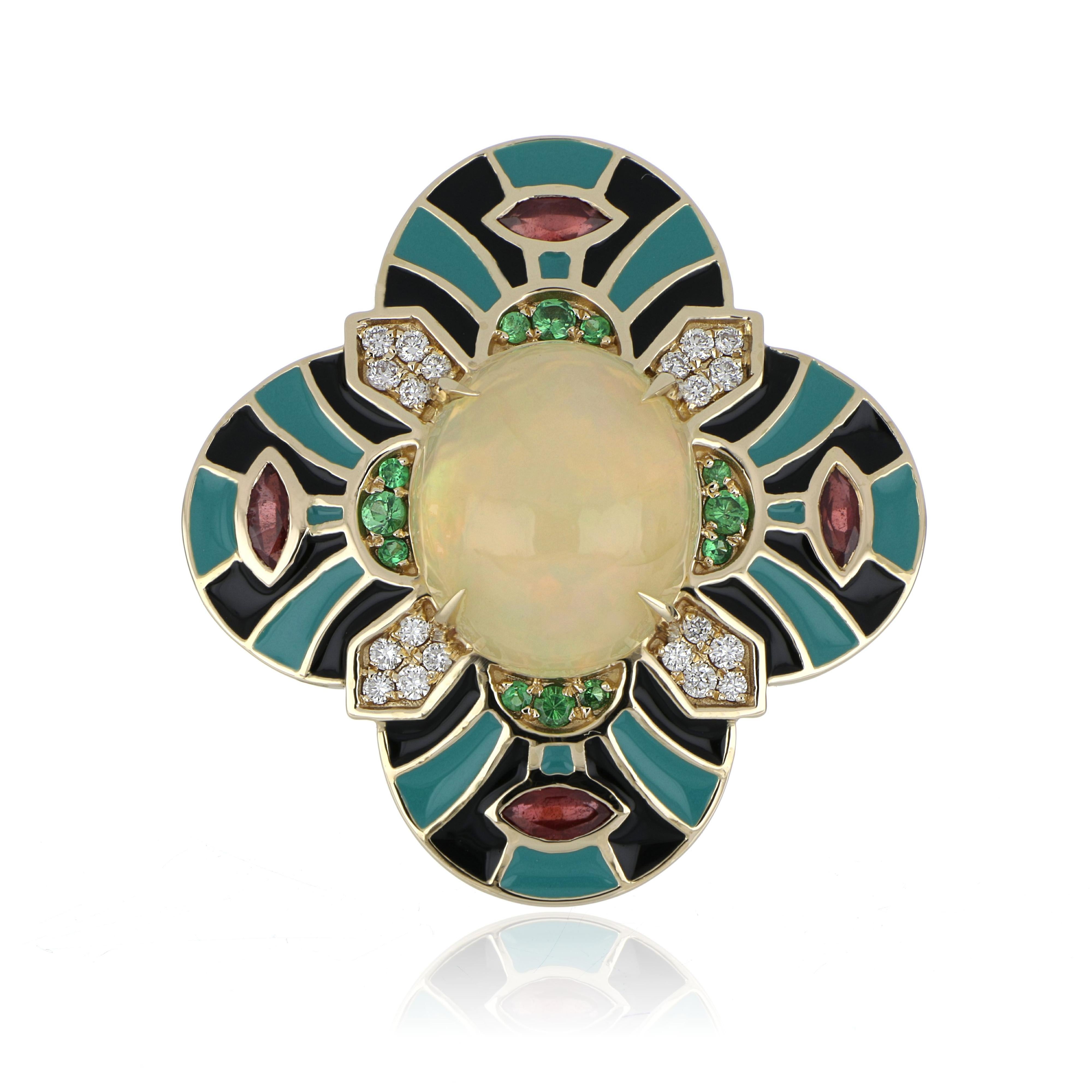 Ethiopian Opal & Multi Stone Studded Enamel Ring in 14 Karat Gold For Sale 5
