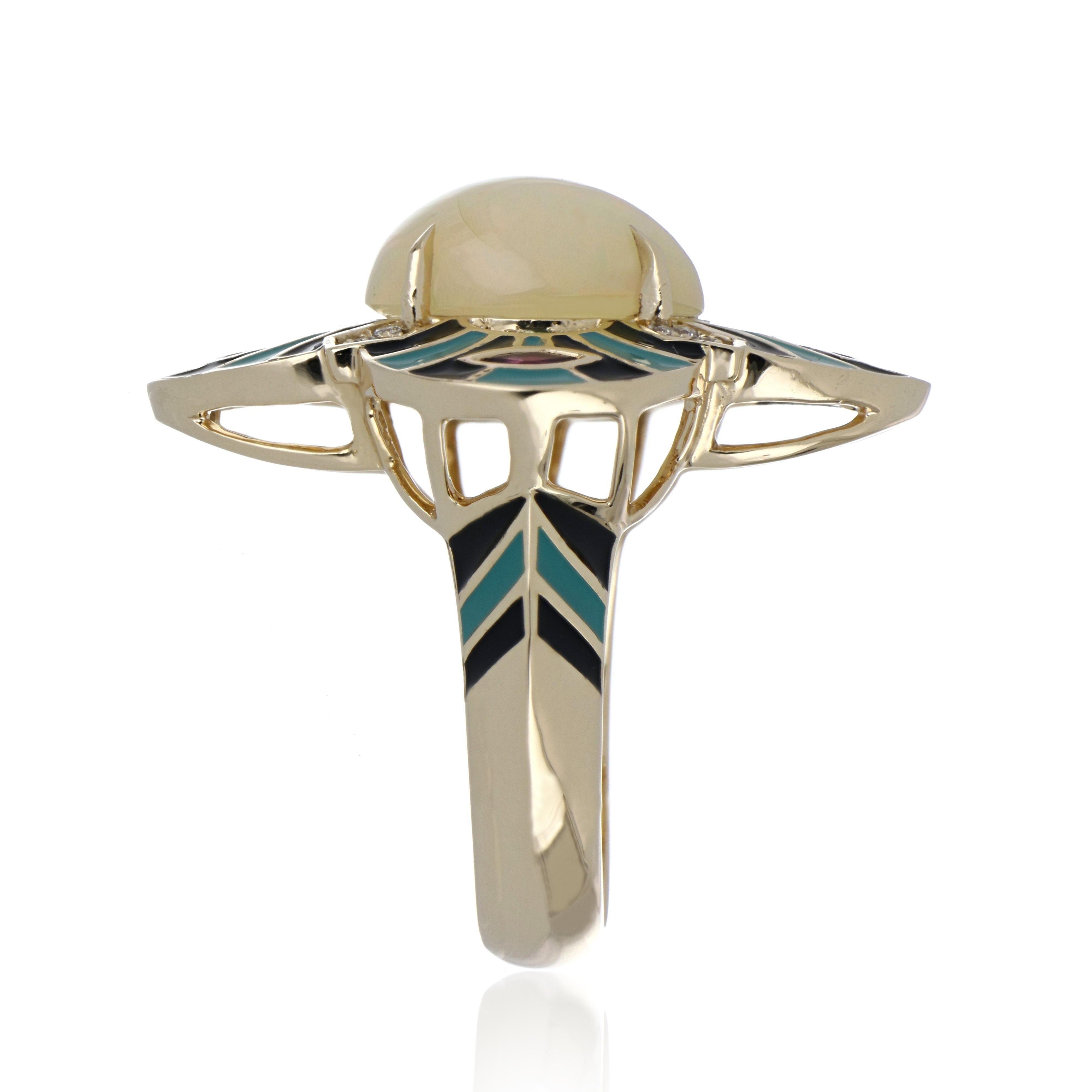 Ethiopian Opal & Multi Stone Studded Enamel Ring in 14 Karat Gold For Sale 6