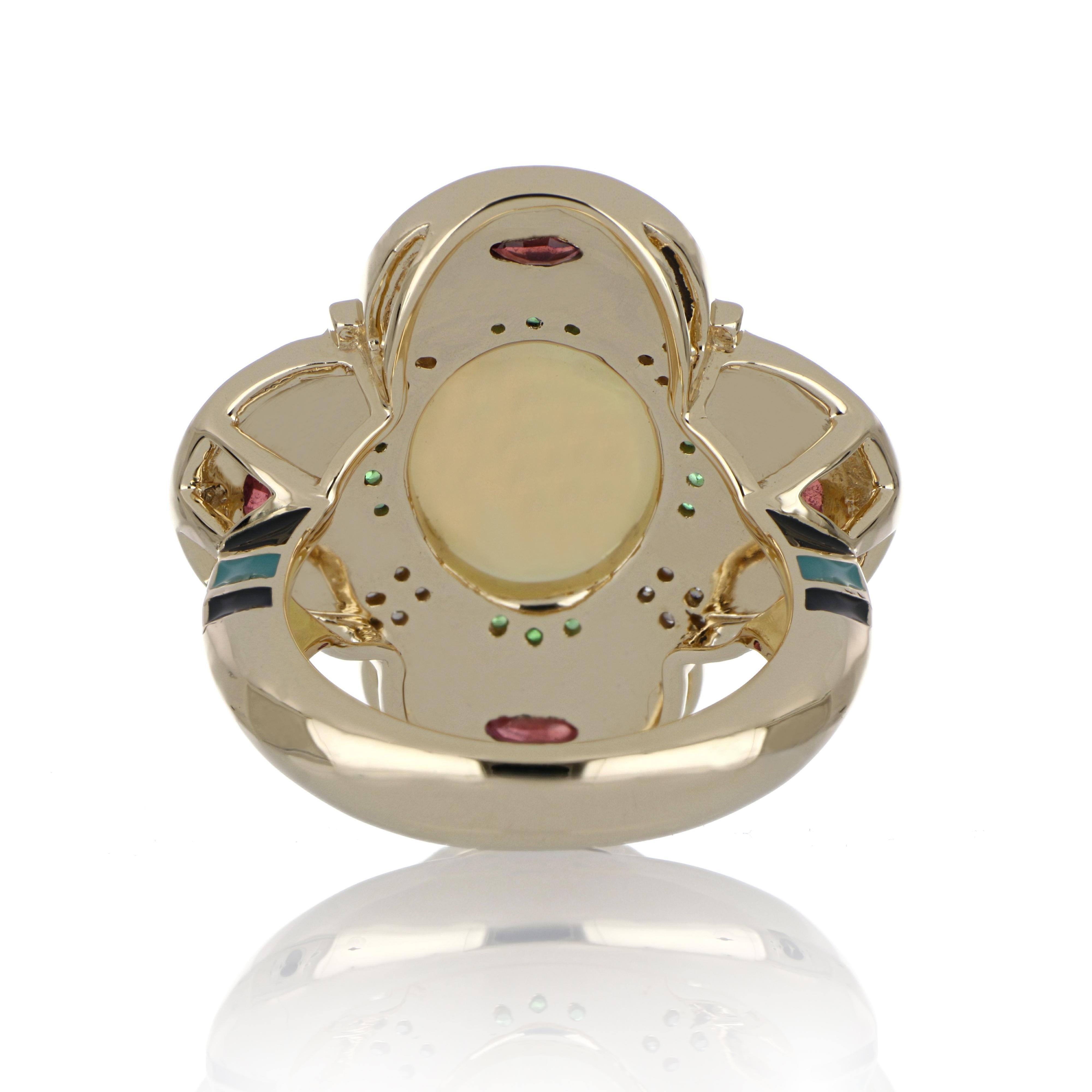 Ethiopian Opal & Multi Stone Studded Enamel Ring in 14 Karat Gold For Sale 3
