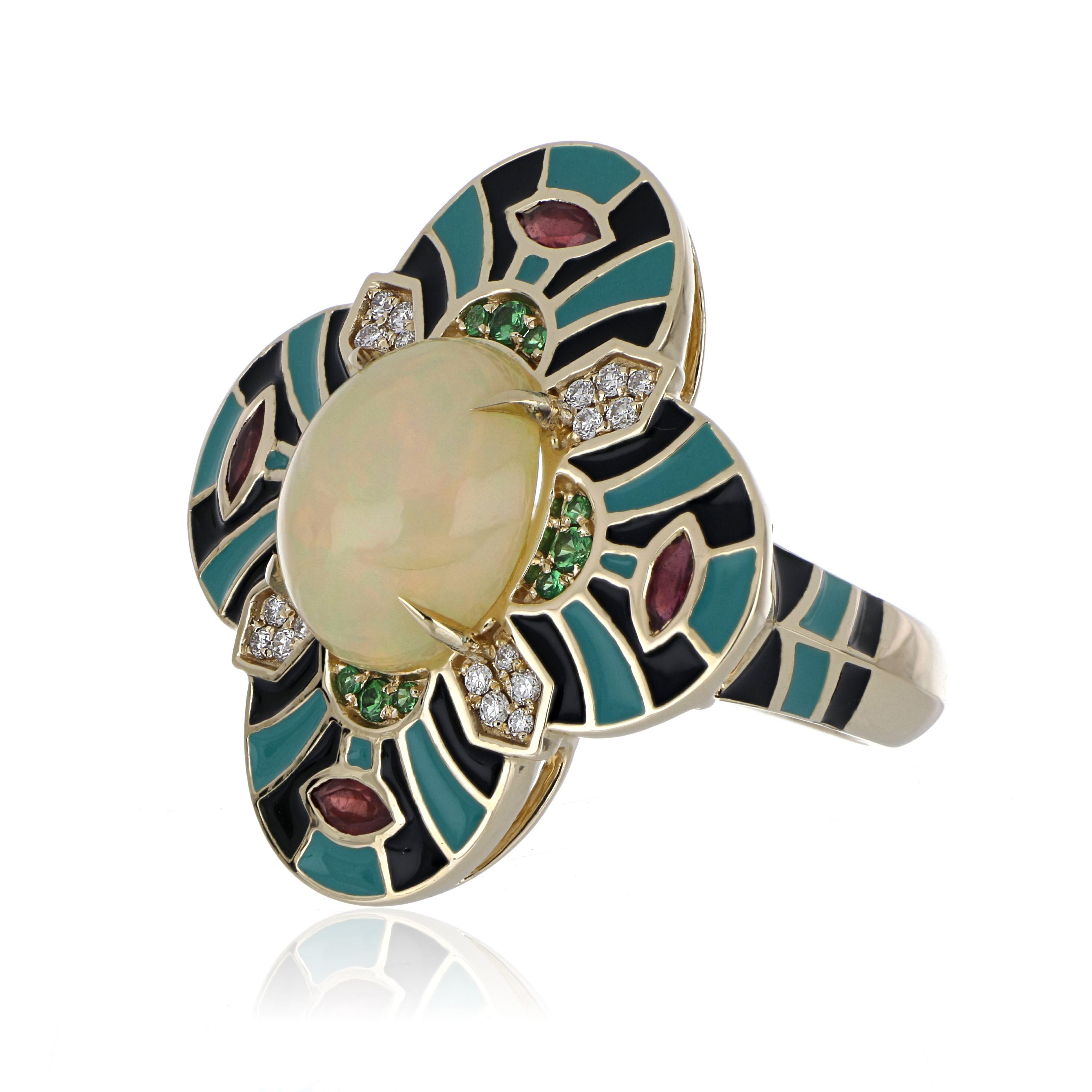 Elegant and exquisite Multi Colour Enamel Cocktail 14 K Ring, center set with 2.82 Cts. Cabochon Oval vibrant Ethiopial Opal, Surrounded with Tsavorite 0.11 Cts and Ruby Marquise 0.54 Cts. accented with Diamonds, weighing approx. 0.13 Cts.