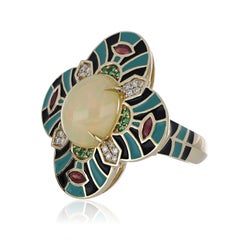 Ethiopian Opal & Multi Stone Studded Enamel Ring in 14 Karat Gold