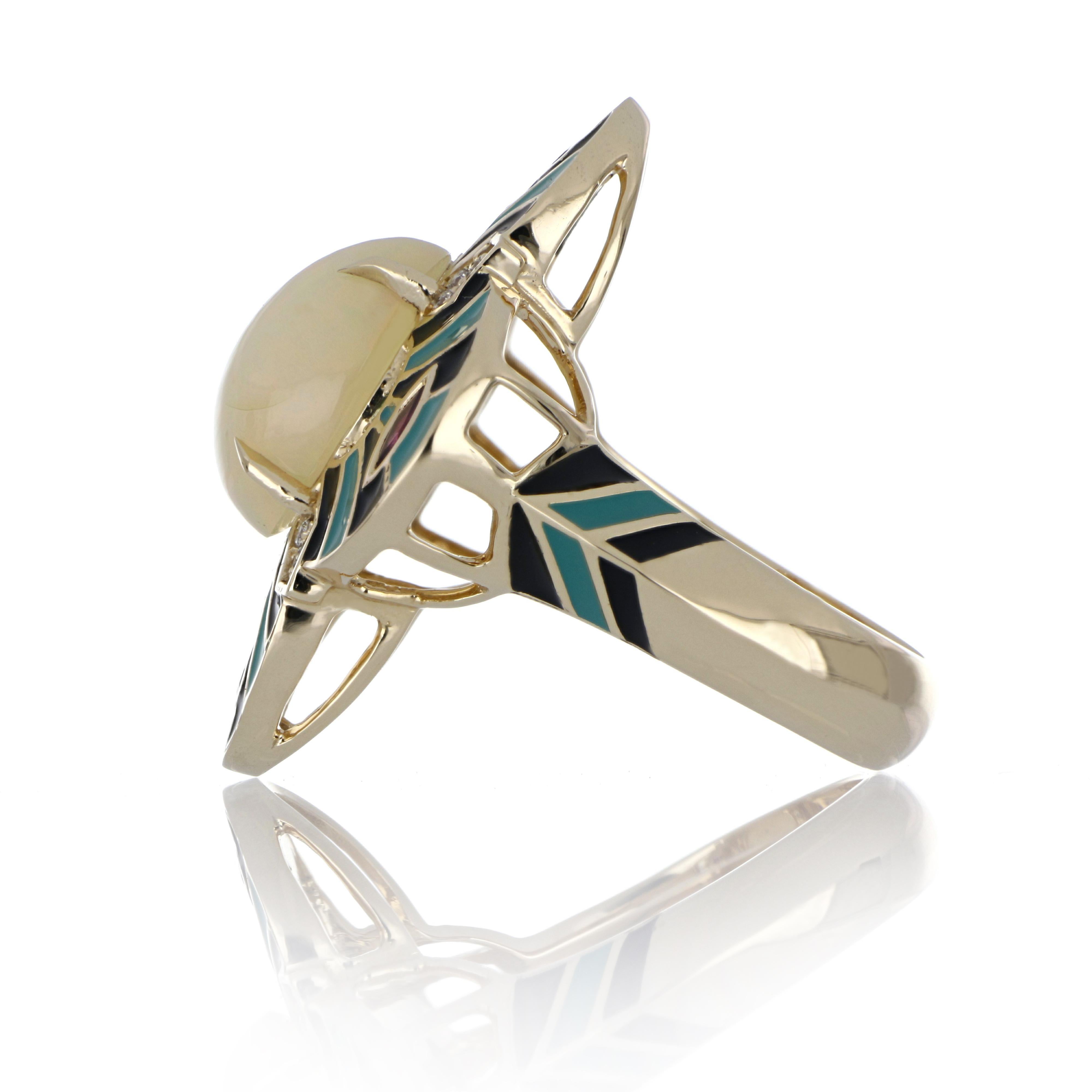 Contemporary Ethiopian Opal & Multi Stone Studded Enamel Ring in 14 Karat Gold For Sale