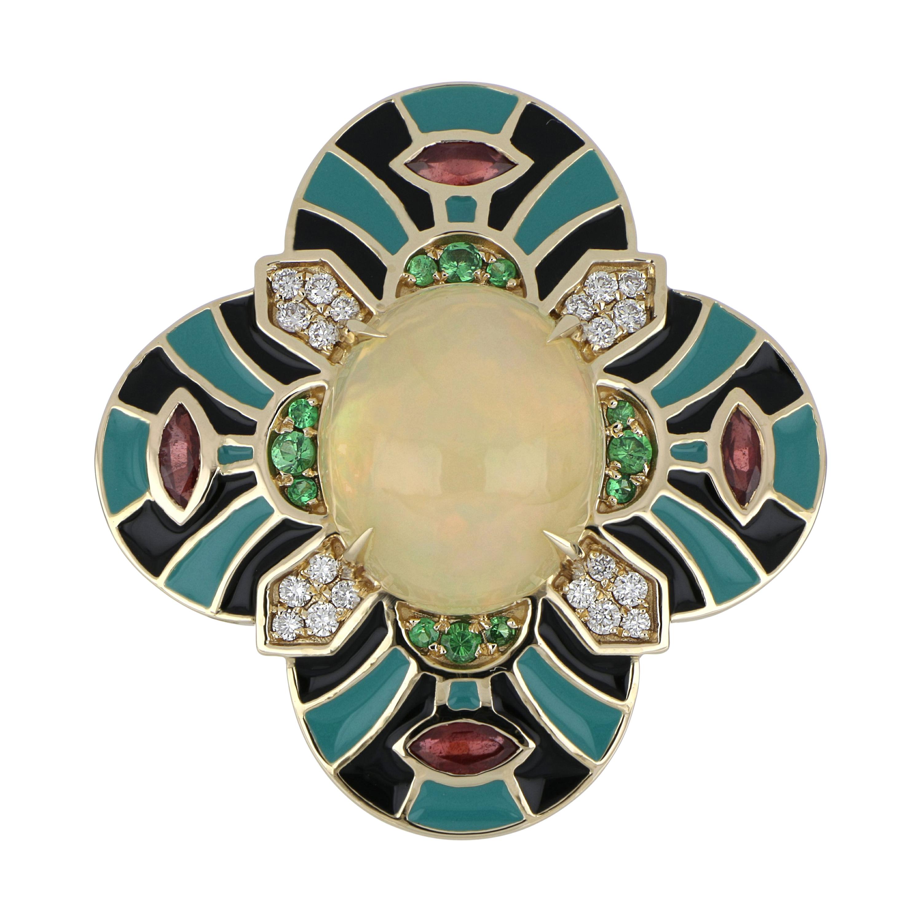 Ethiopian Opal & Multi Stone Studded Enamel Ring in 14 Karat Gold For Sale