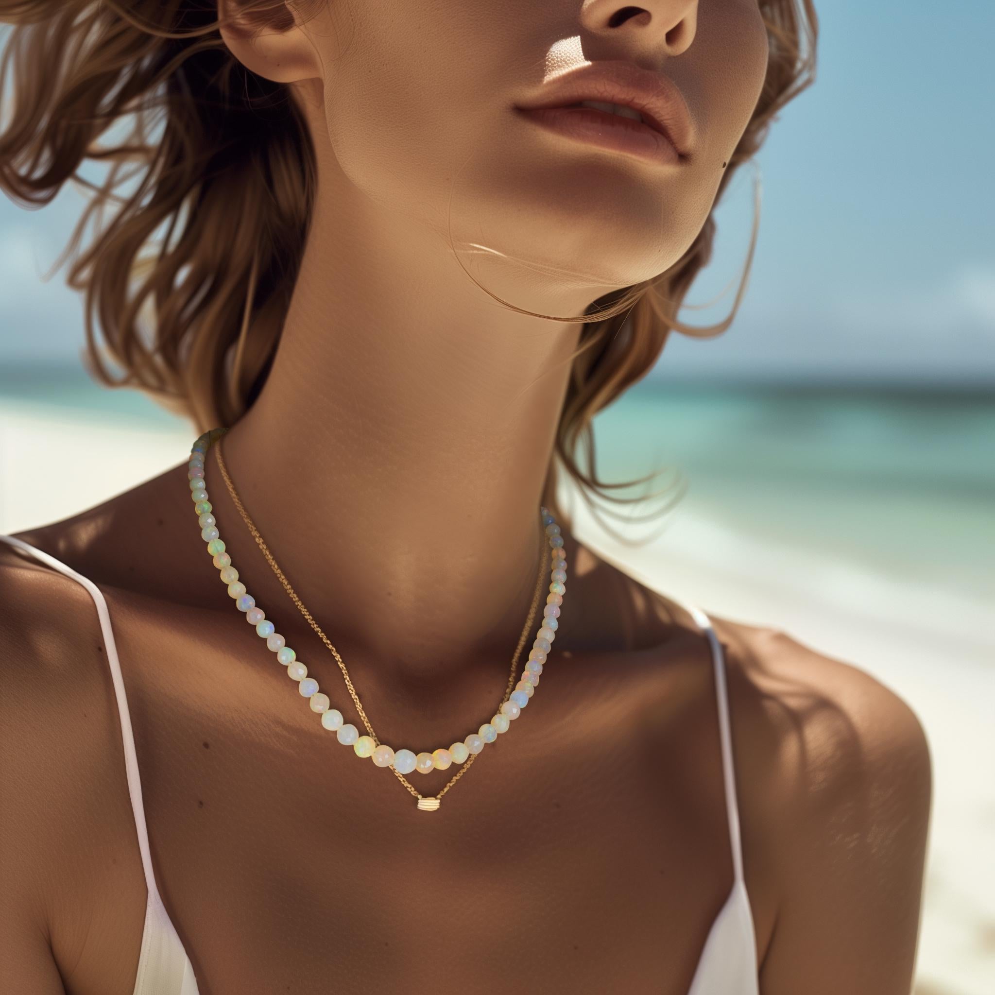 Wearing this Ethiopian Opal necklace is like carrying a piece of dawn's first light around your neck, each opal sphere capturing the tender warmth of sunrise in its luminous depths. As it rests against your skin, adorned with touches of 18K gold,