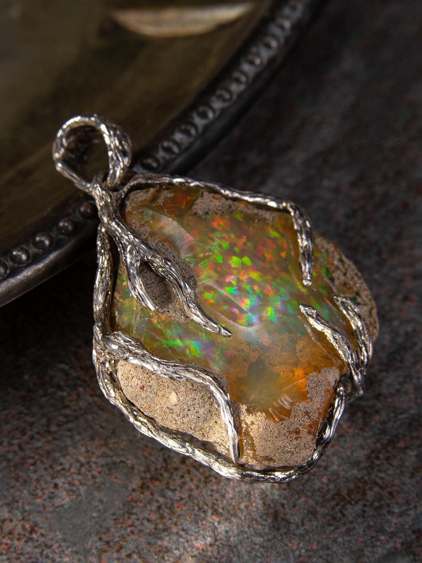 Ethiopian Opal Nugget Silver Pendant Raw Uncut Polychrome Neon Yellow Green Gem 2