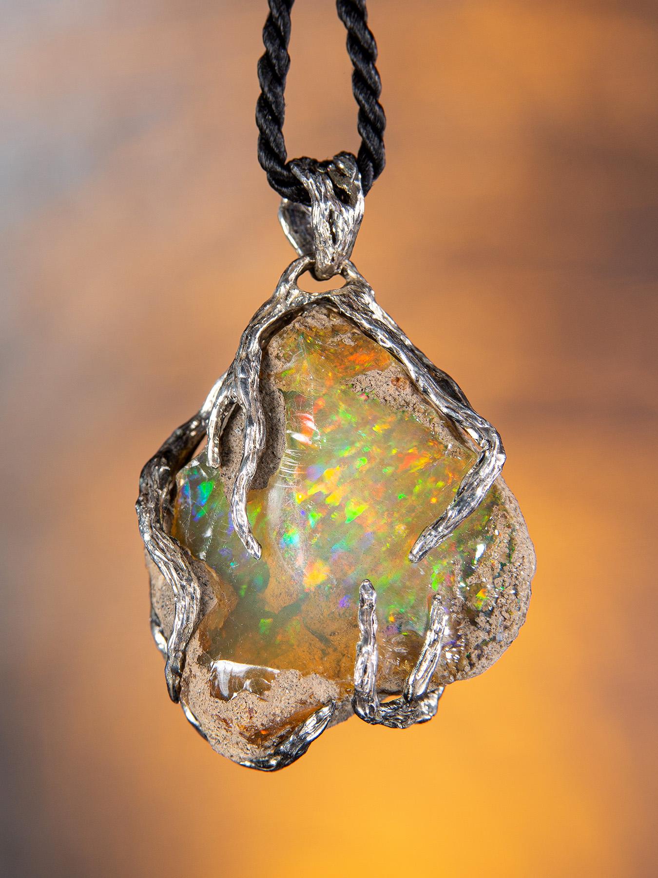 Art Nouveau Ethiopian Opal Nugget Silver Pendant Raw Uncut Polychrome Neon Yellow Green Gem