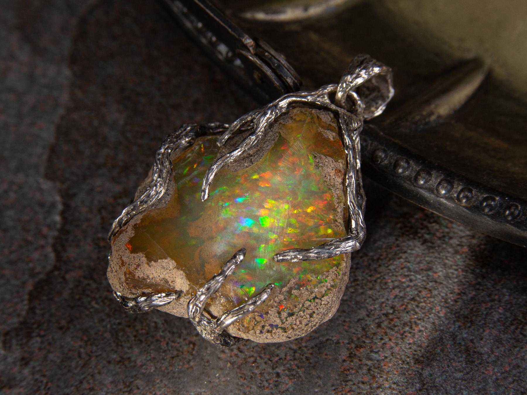 Ethiopian Opal Nugget Silver Pendant Raw Uncut Polychrome Neon Yellow Green Gem 1