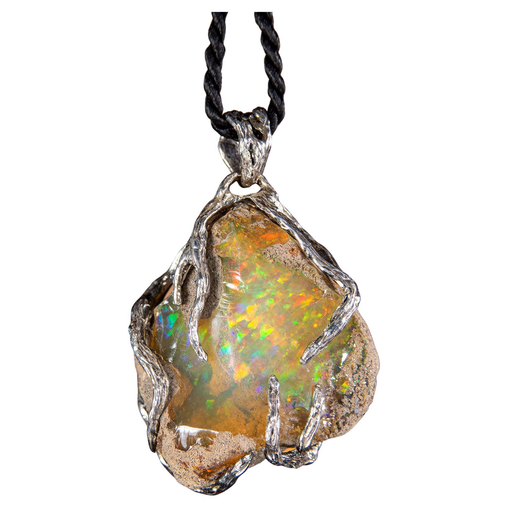 Ethiopian Opal Nugget Silver Pendant Raw Uncut Polychrome Neon Yellow Green Gem