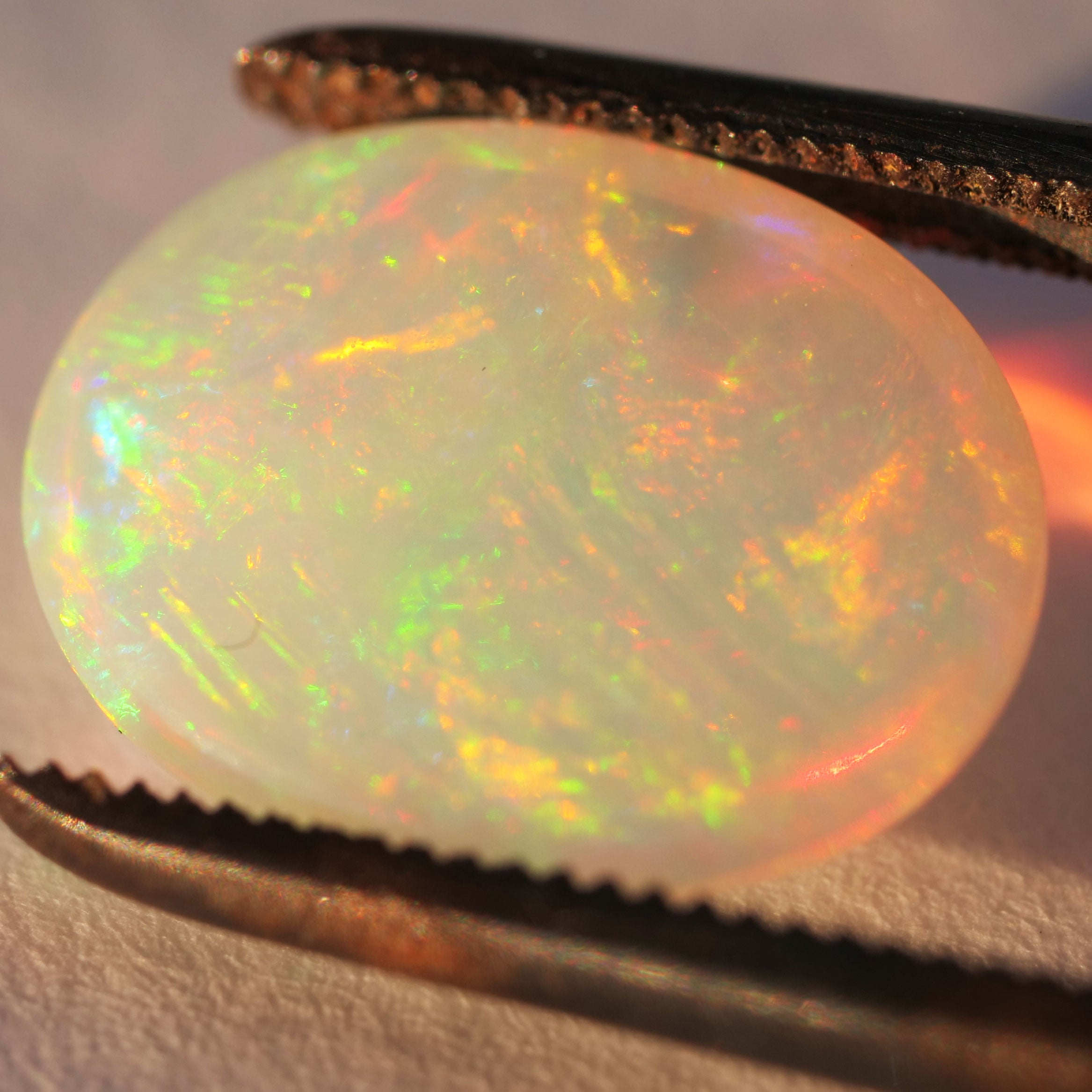 this pair of very fine Ethiopian opal cabochons can be a amazing jewelry, 2 opal with 12 x 10 mm, 4,5 mm deep, AAA+, oval, color white with a firework of red, green and blue hushes, eye clean, transparent, total 4.95 ct, Create your own earrings,