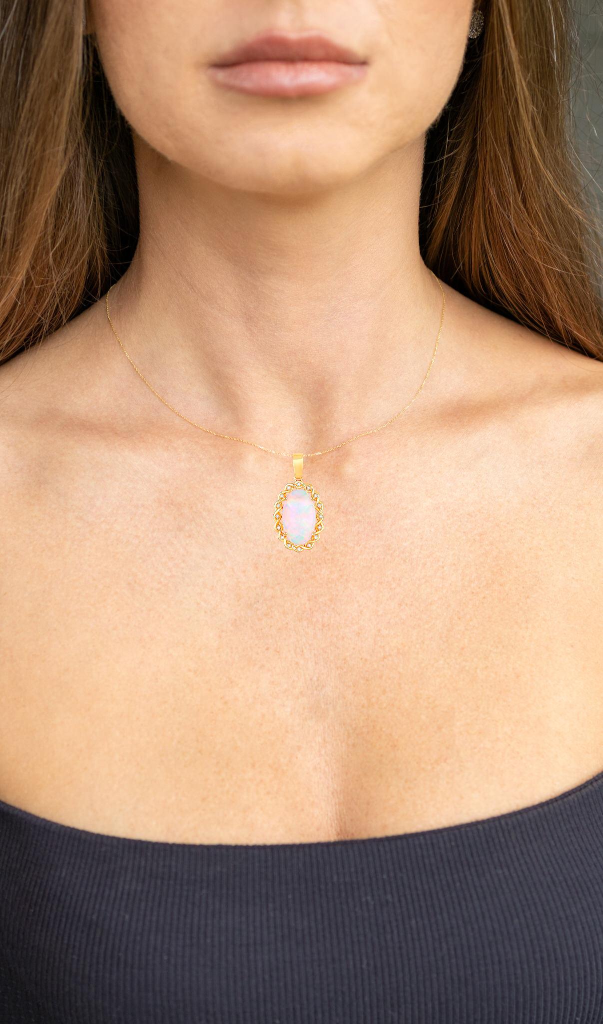 Contemporary Ethiopian Opal Pendant Necklace Diamond Halo 8.11 Carats 14K Yellow Gold For Sale