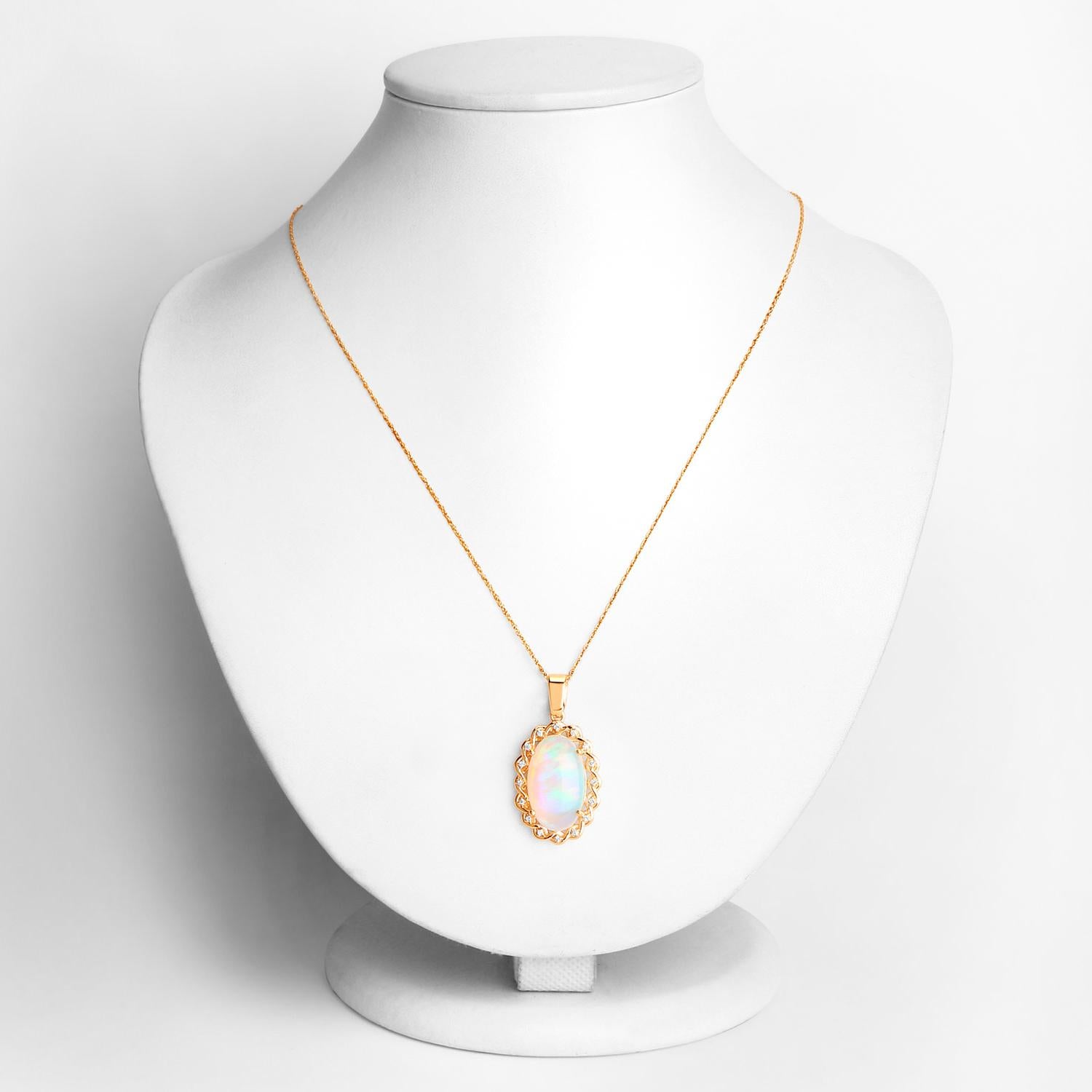 Cabochon Ethiopian Opal Pendant Necklace Diamond Halo 8.11 Carats 14K Yellow Gold For Sale