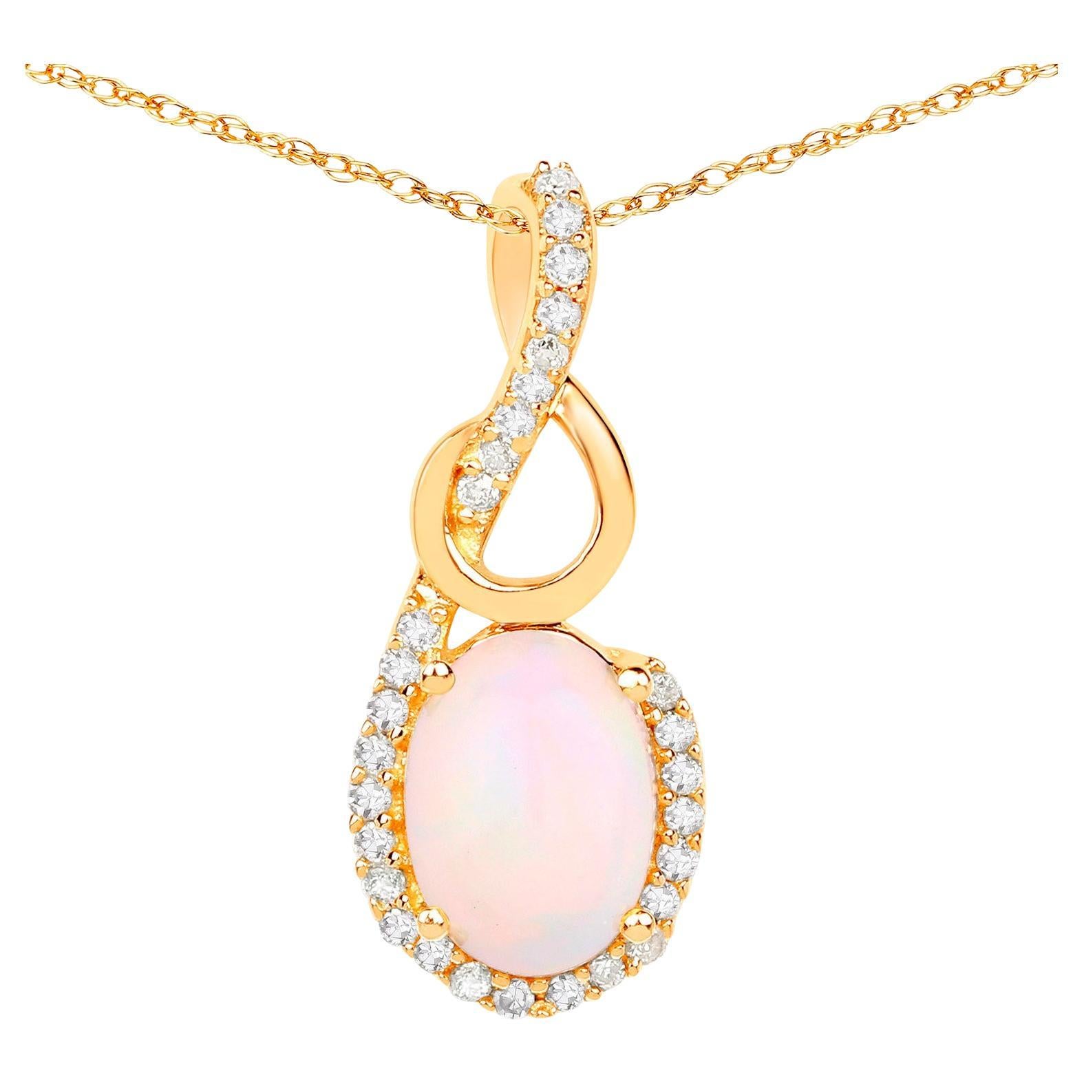 Ethiopian Opal Pendant Necklace Diamonds 14K Yellow Gold