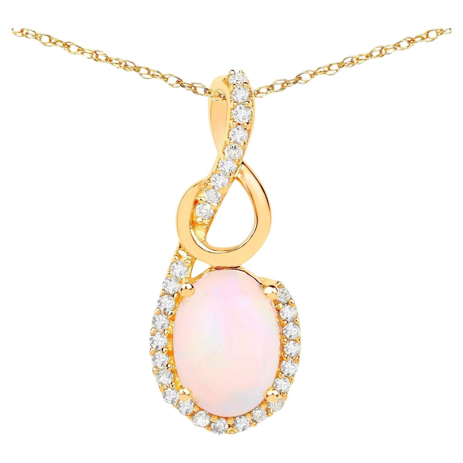 Ethiopian Opal Pendant Necklace Diamonds 14K Yellow Gold