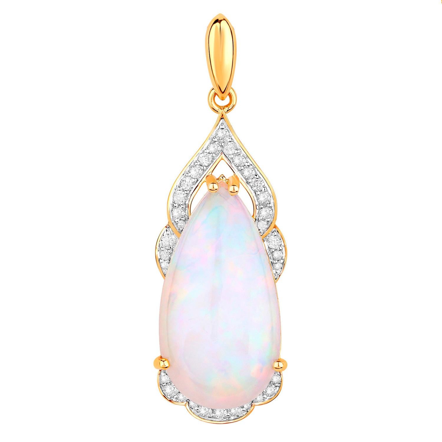 Cabochon Ethiopian Opal Pendant Necklace Diamonds 9.37 Carats 14K Yellow Gold For Sale