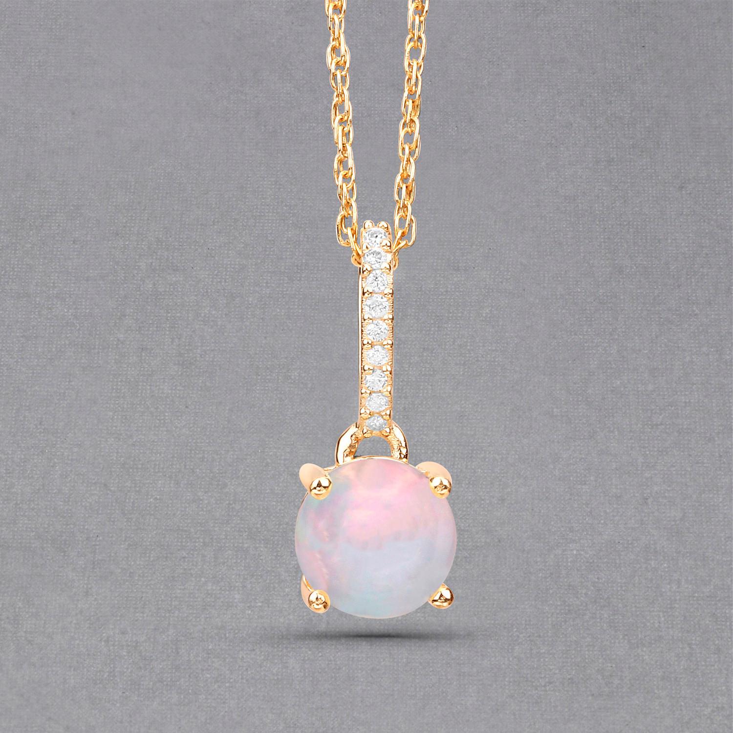 Cabochon Ethiopian Opal Pendant Necklace White Diamonds 0.54 Carats 10K Yellow Gold For Sale