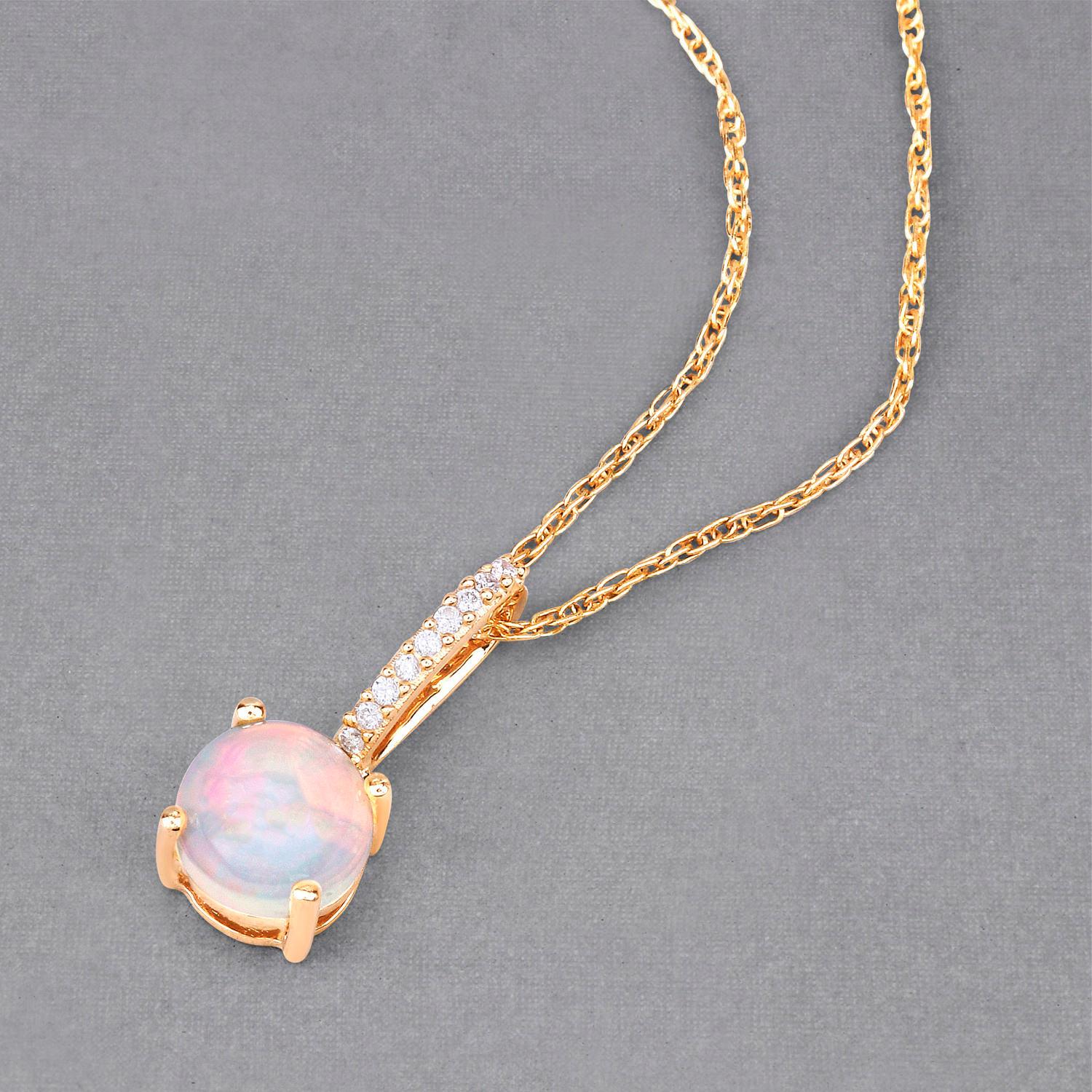 Ethiopian Opal Pendant Necklace White Diamonds 0.54 Carats 10K Yellow Gold In Excellent Condition For Sale In Aliso Viejo, CA