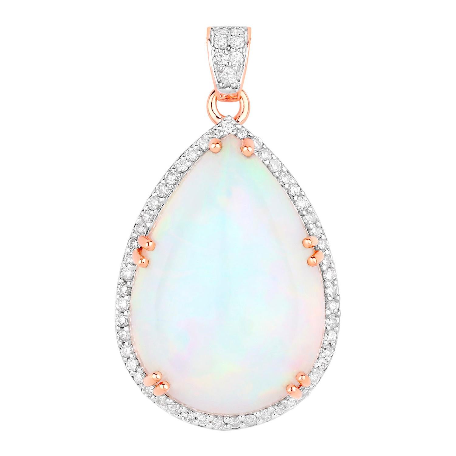 Cabochon Ethiopian Opal Pendant Necklace White Diamonds 9.65 Carats 14K Rose Gold For Sale