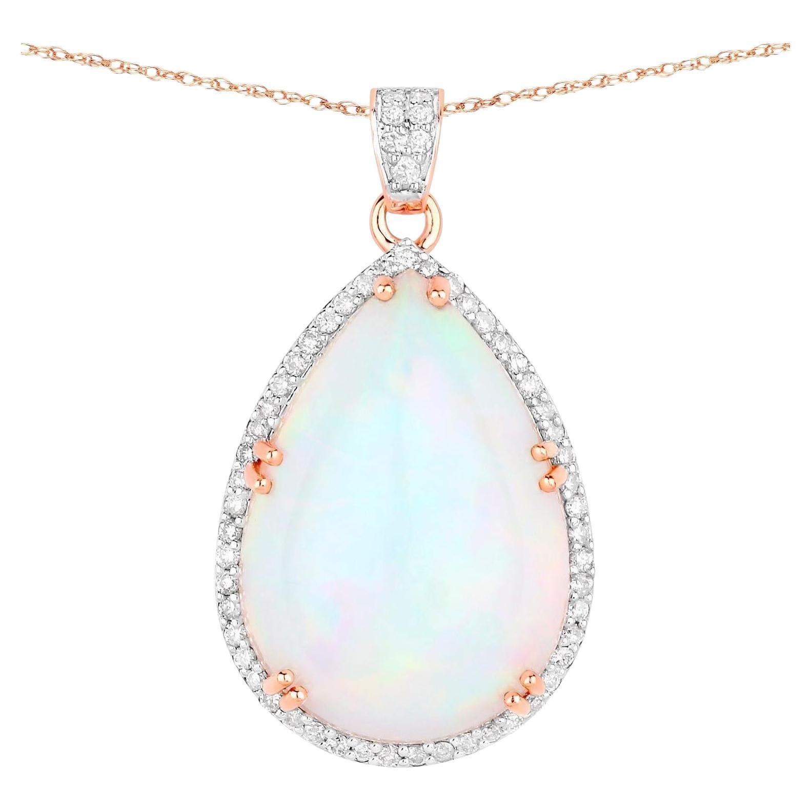 Ethiopian Opal Pendant Necklace White Diamonds 9.65 Carats 14K Rose Gold For Sale