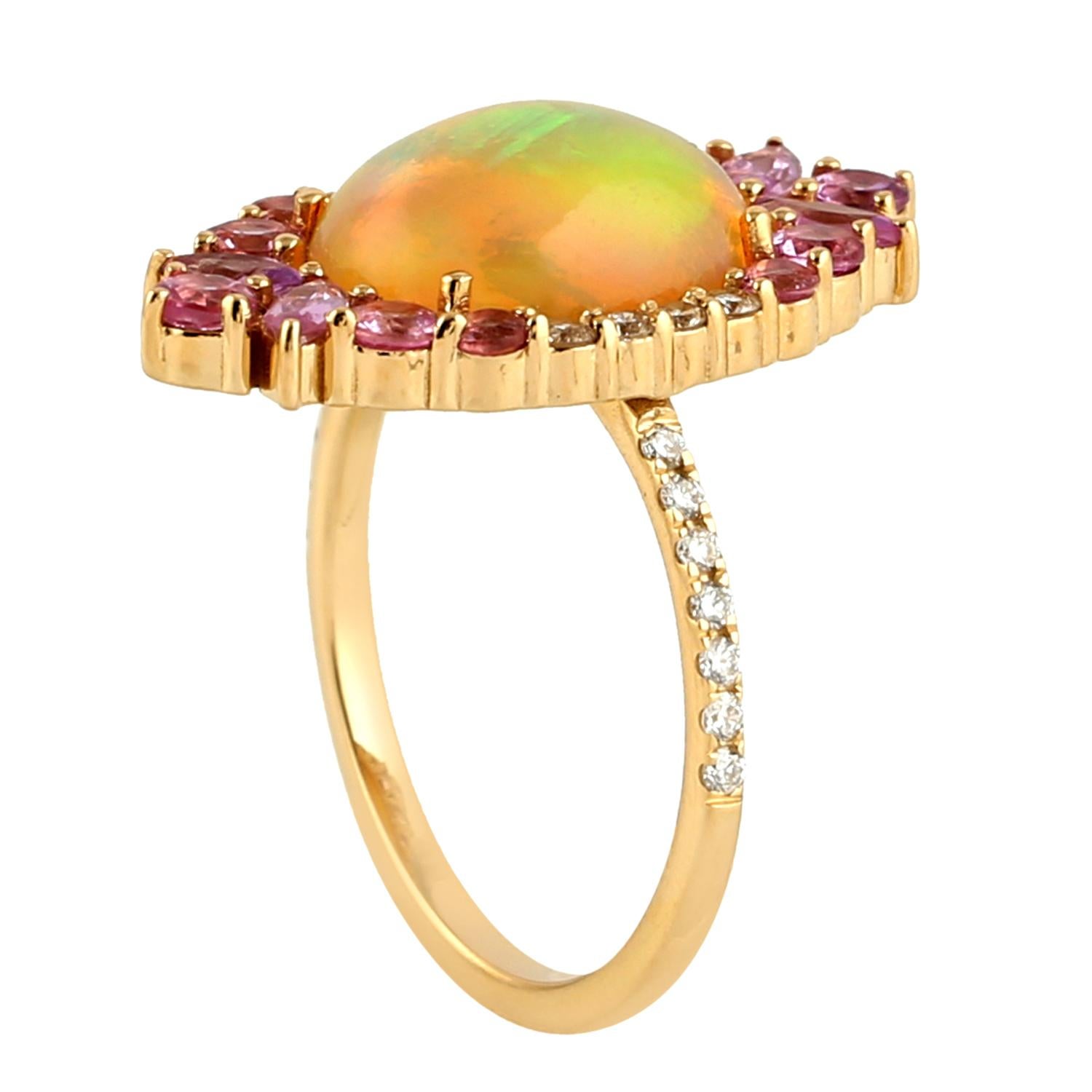 Mixed Cut Ethiopian Opal Pink Sapphire Diamond 14 Karat Gold Stud Earrings For Sale
