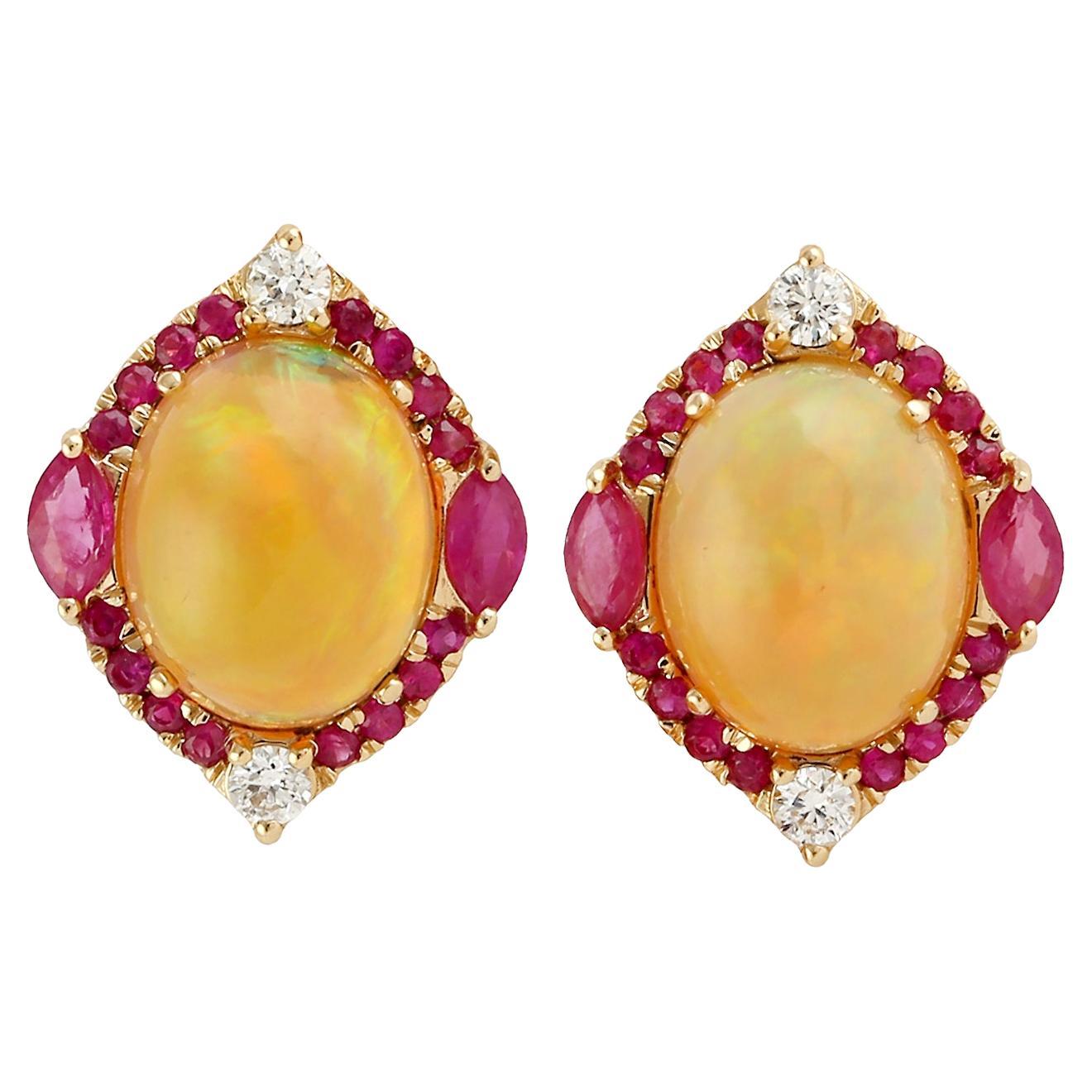 Ethiopian Opal Pink Sapphire Diamond 14 Karat Gold Stud Earrings For Sale
