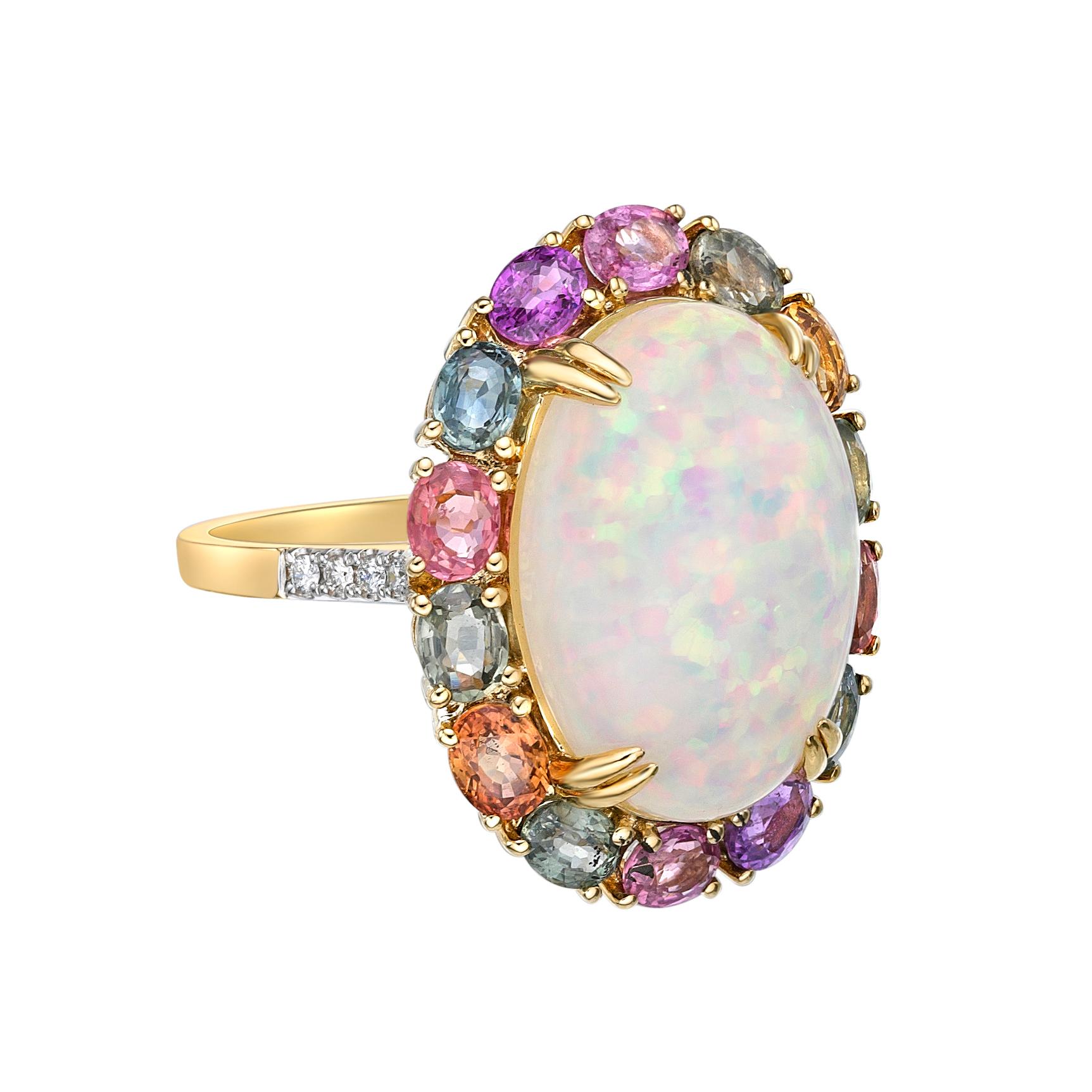 Contemporary Ethiopian Opal & Rainbow Sapphire Ring with Diamond in 18 Karat Yellow Gold