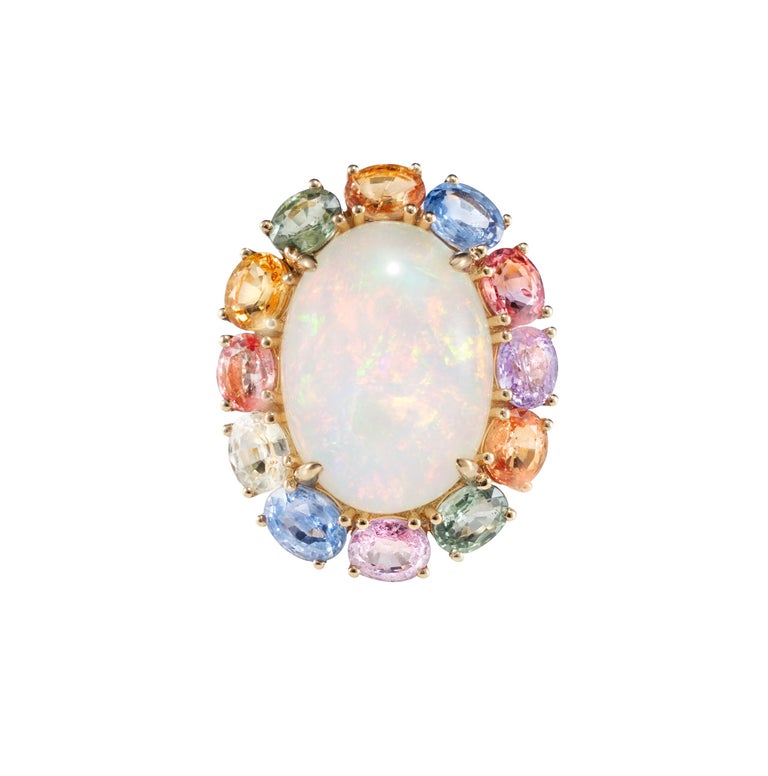 Contemporary Ethiopian Opal & Rainbow Sapphire Ring with Diamond in 18 Karat Yellow Gold For Sale