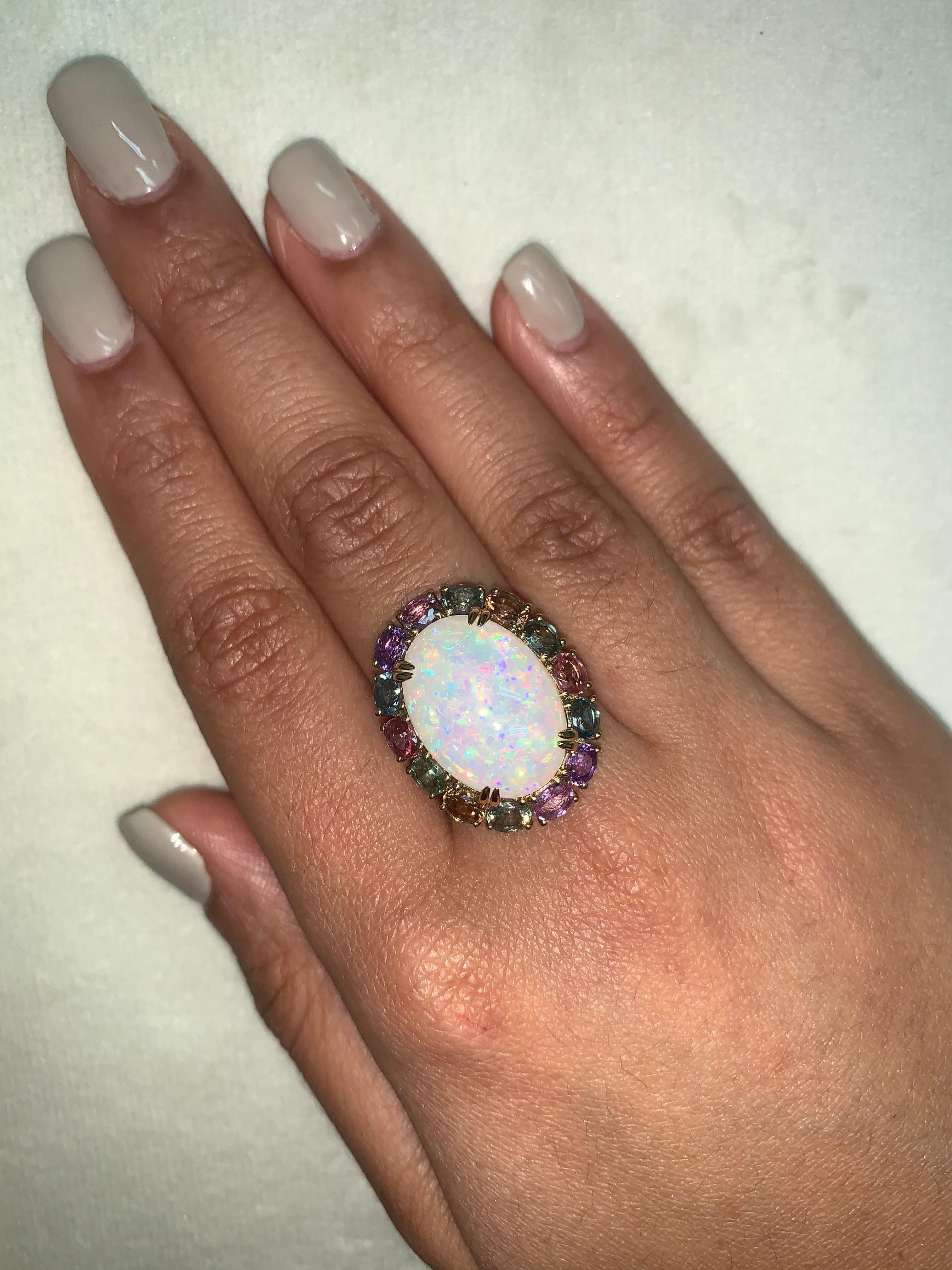 Cabochon Ethiopian Opal & Rainbow Sapphire Ring with Diamond in 18 Karat Yellow Gold