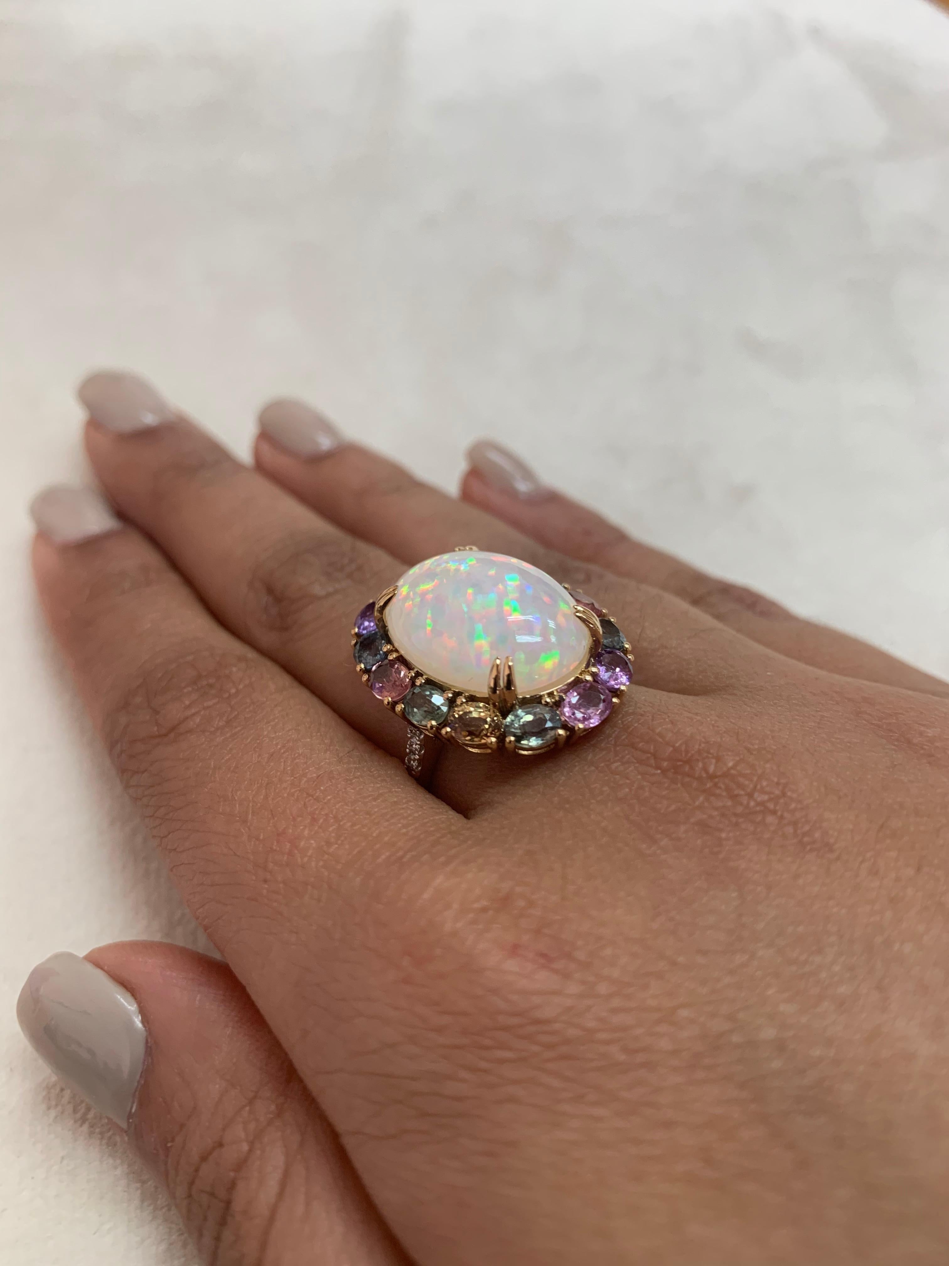 Ethiopian Opal & Rainbow Sapphire Ring with Diamond in 18 Karat Yellow Gold In New Condition In Hong Kong, HK