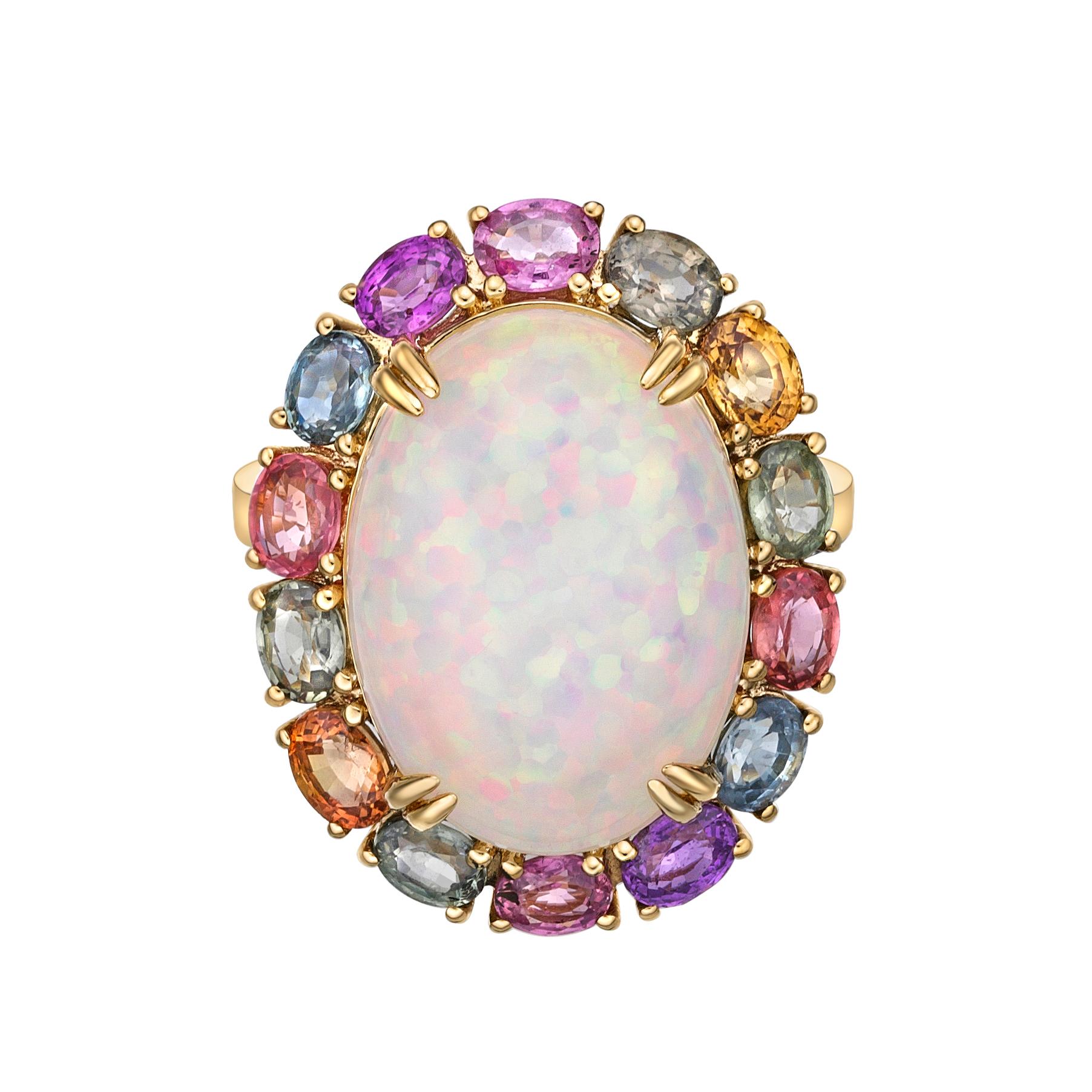 Ethiopian Opal & Rainbow Sapphire Ring with Diamond in 18 Karat Yellow Gold 1