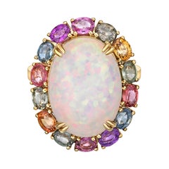 Ethiopian Opal & Rainbow Sapphire Ring with Diamond in 18 Karat Yellow Gold