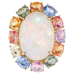 Ethiopian Opal & Rainbow Sapphire Ring with Diamond in 18 Karat Yellow Gold