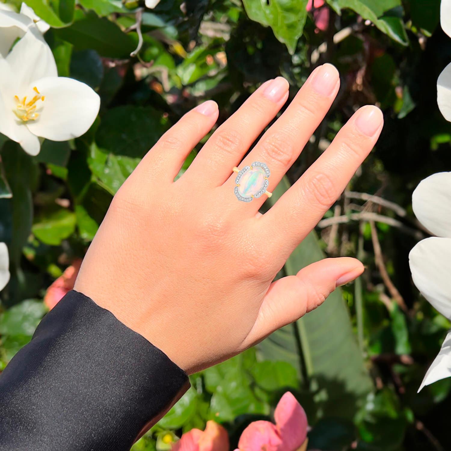 Cabochon Ethiopian Opal Ring Diamonds 4.1 Carats 14K Yellow Gold For Sale