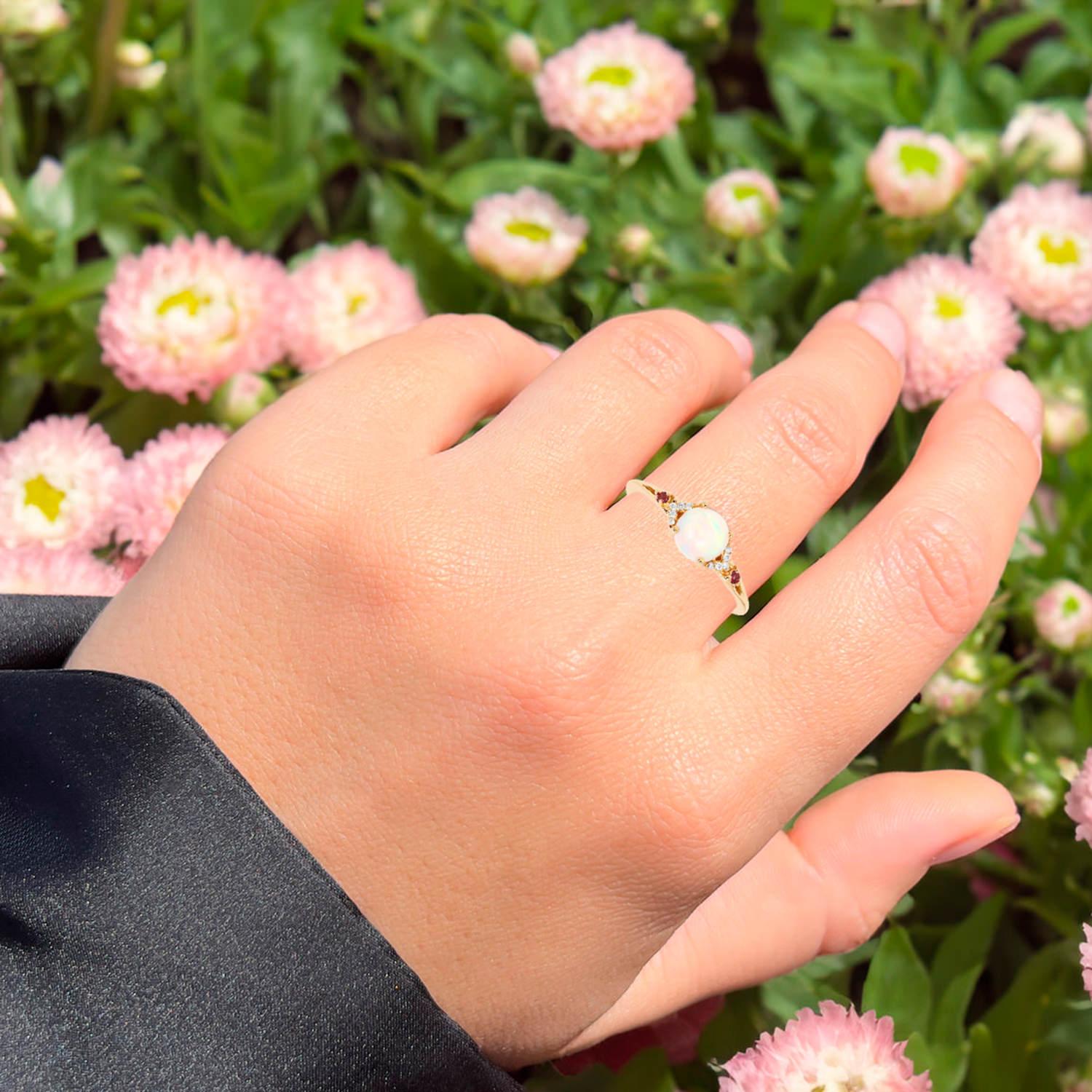 Contemporary Ethiopian Opal Ring Pink Tourmalines Diamonds 0.56 Carats 14K Yellow Gold For Sale