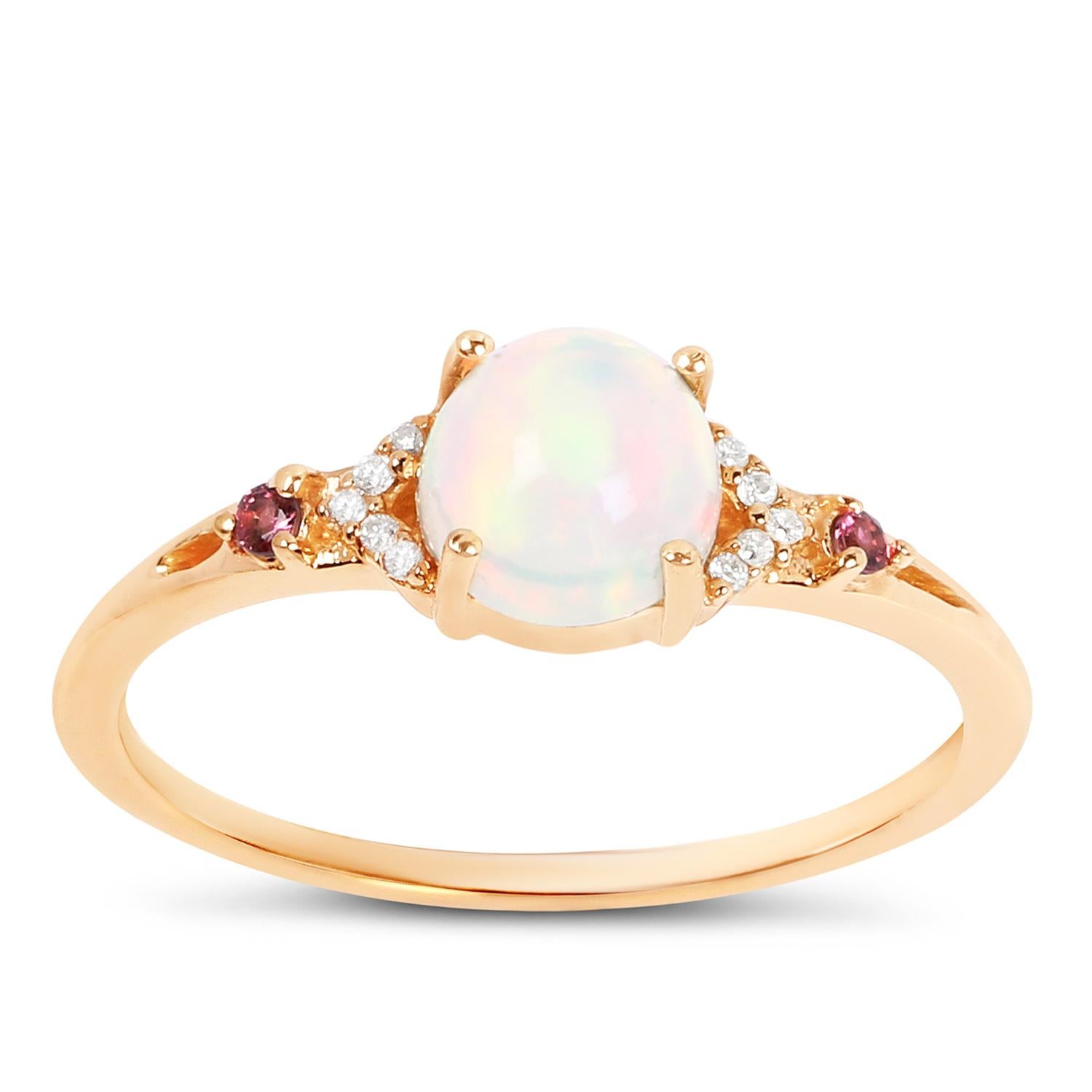 Cabochon Ethiopian Opal Ring Pink Tourmalines Diamonds 0.56 Carats 14K Yellow Gold For Sale