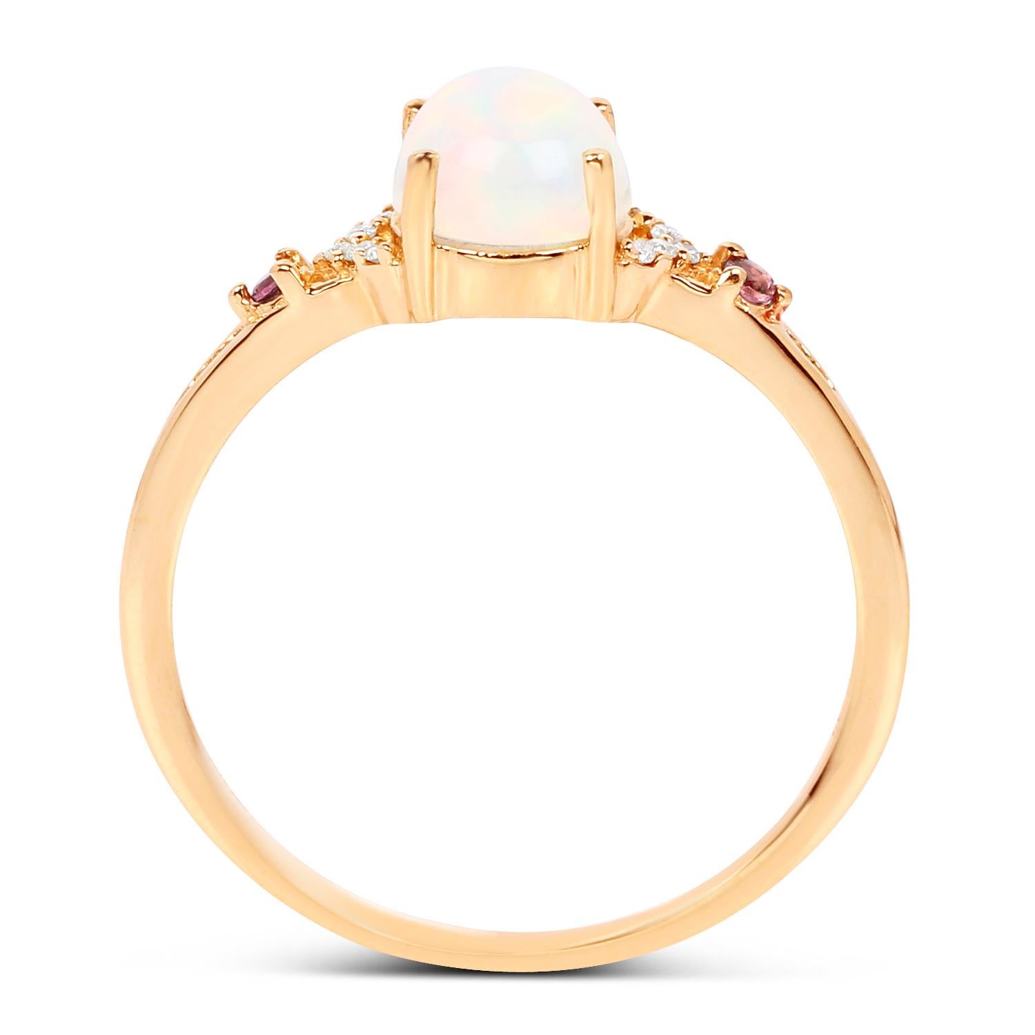 Ethiopian Opal Ring Pink Tourmalines Diamonds 0.56 Carats 14K Yellow Gold In Excellent Condition For Sale In Aliso Viejo, CA