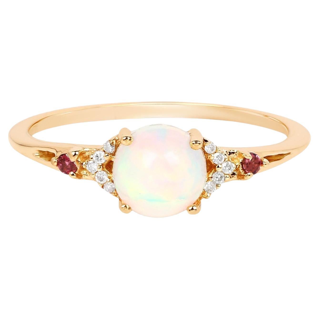 Ethiopian Opal Ring Pink Tourmalines Diamonds 0.56 Carats 14K Yellow Gold For Sale