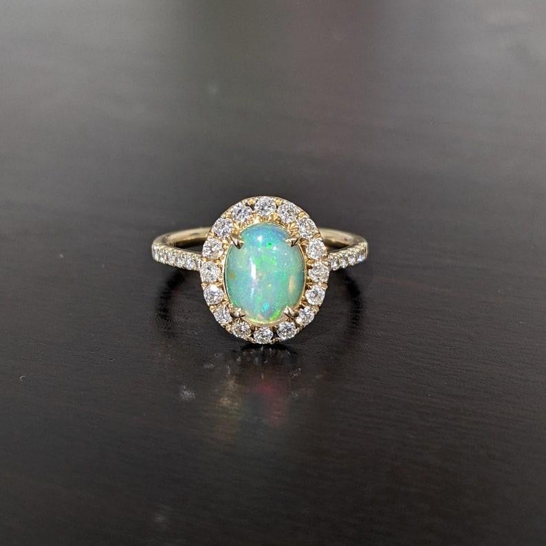 Ethiopian Opal Ring w Natural Diamond Halo in 14k Solid Yellow Gold Oval 7x5 mm In New Condition For Sale In Columbus, OH