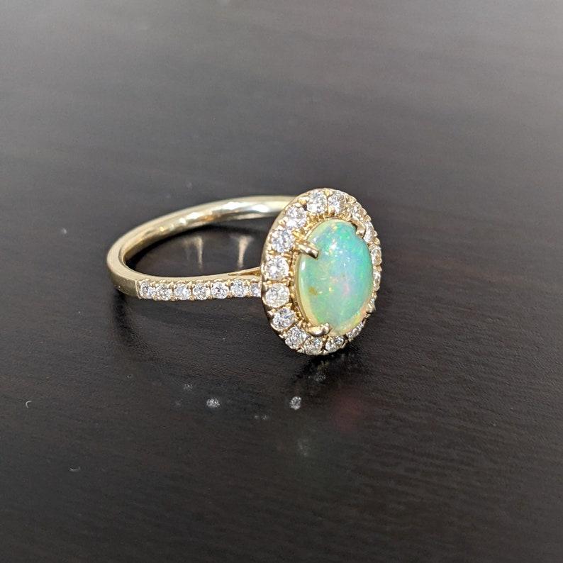 Women's Ethiopian Opal Ring w Natural Diamond Halo in 14k Solid Yellow Gold Oval 7x5 mm For Sale