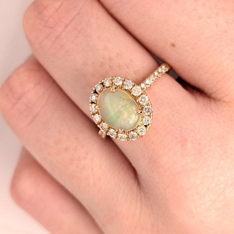 Ethiopian Opal Ring w Natural Diamond Halo in 14k Solid Yellow Gold Oval 7x5 mm For Sale 1