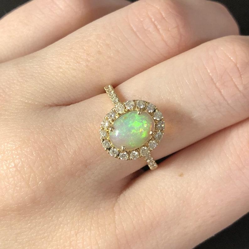 Ethiopian Opal Ring w Natural Diamond Halo in 14k Solid Yellow Gold Oval 7x5 mm For Sale 2