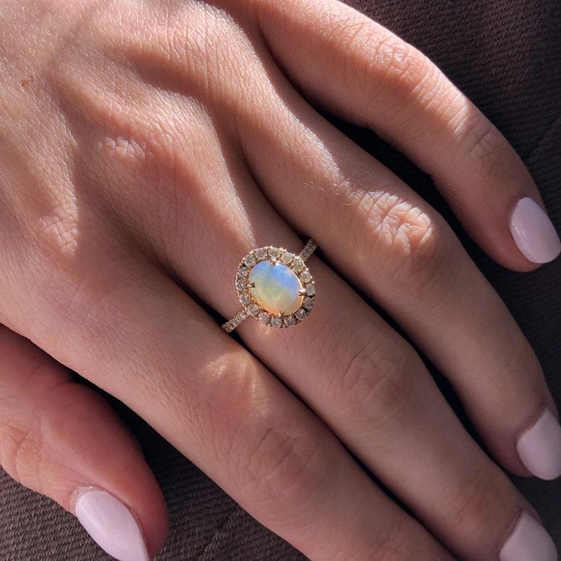 Ethiopian Opal Ring w Natural Diamond Halo in 14k Solid Yellow Gold Oval 7x5 mm For Sale 3