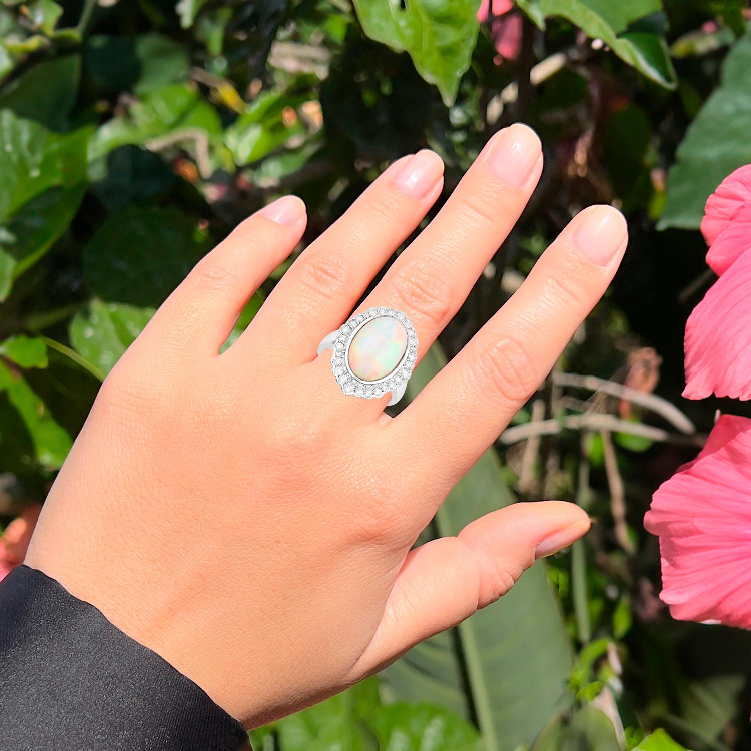 Art Deco Ethiopian Opal Ring With Diamonds 6.38 Carats 14K White Gold For Sale